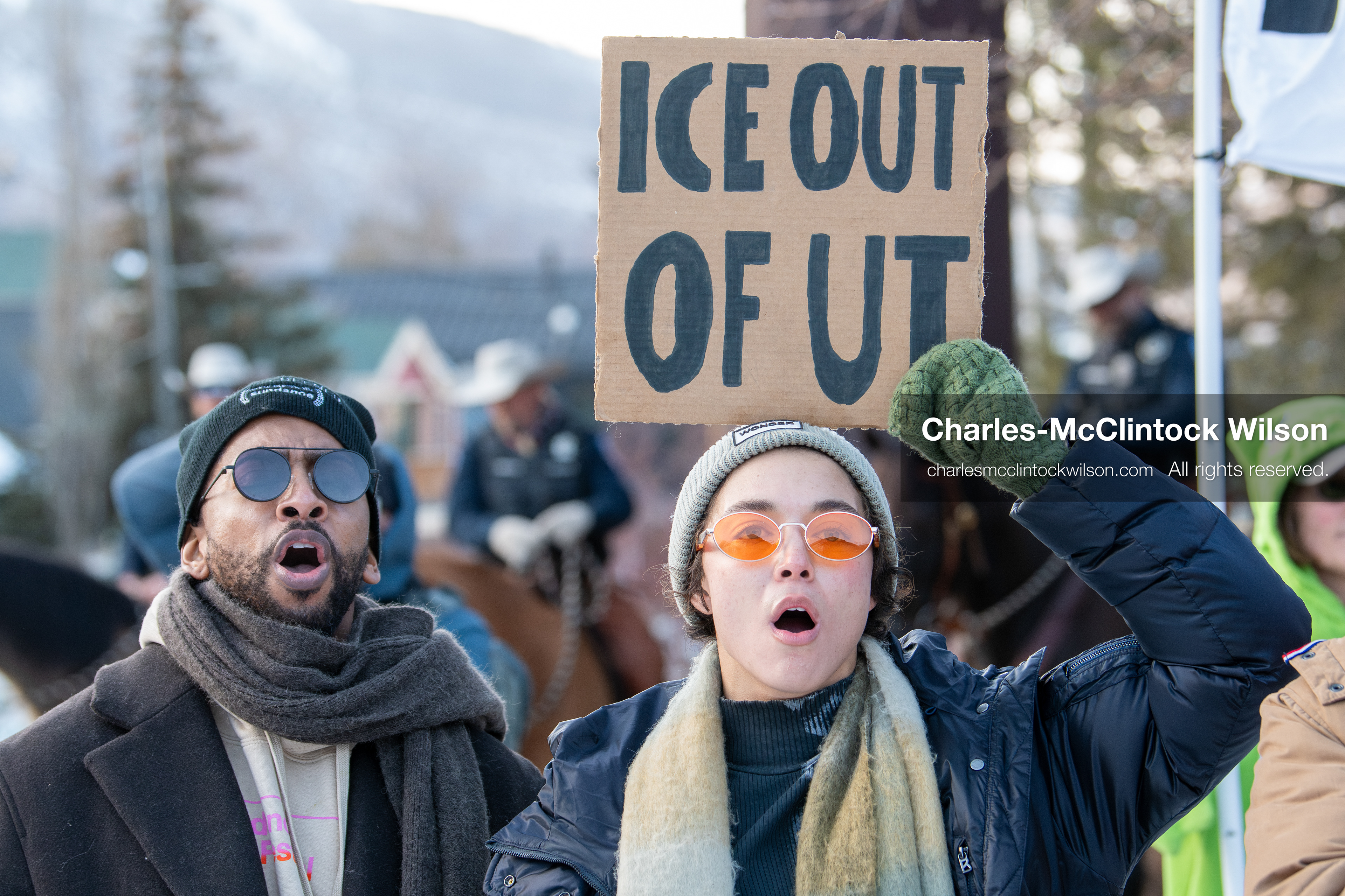 January 26, 2026, Park City, Utah, USA: A demonstrator holds a sign during a protest opposing U.S. Immigration and Customs Enforcement (I.C.E.) ICE agents at Miner's Park on Main Street during the Sundance Film Festival in Park City, Utah, on Monday, Jan. 26, 2026. The event was held in response to the fatal shooting of Alex Pretti by a U.S. Border Patrol officer in Minneapolis. (Credit Image: © Charles McClintock Wilson/ZUMA Press Wire)