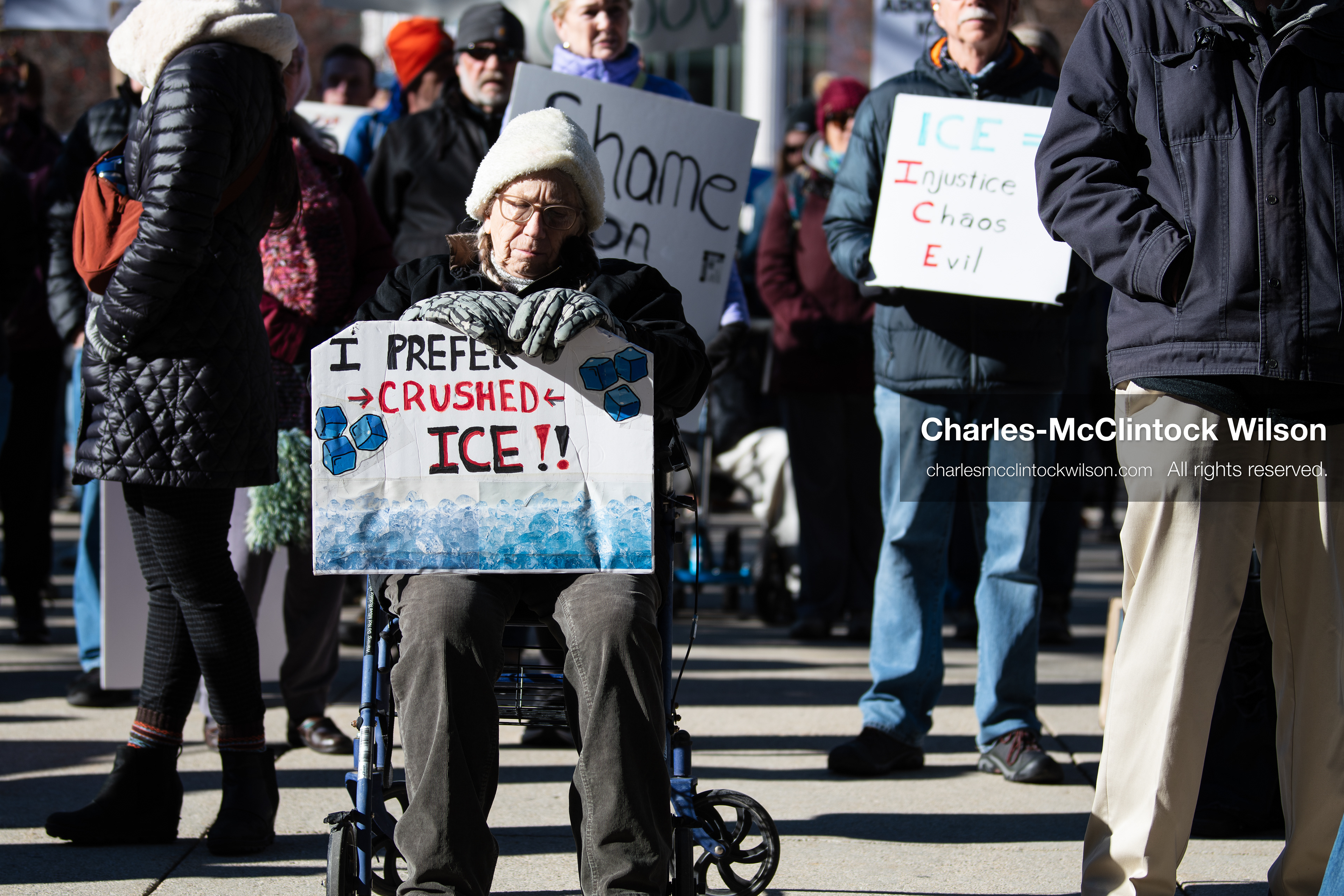 Salt Lake City, Utah, January 10, 2026: An elderly protester sits in a wheelchair holding a sign during the ICE Out for Good protest at Washington Square Park, a demonstration against ICE and calling for justice for Renee Nicole Good. (Credit Image: © Charles‑McClintock Wilson/ZUMA Press Wire)