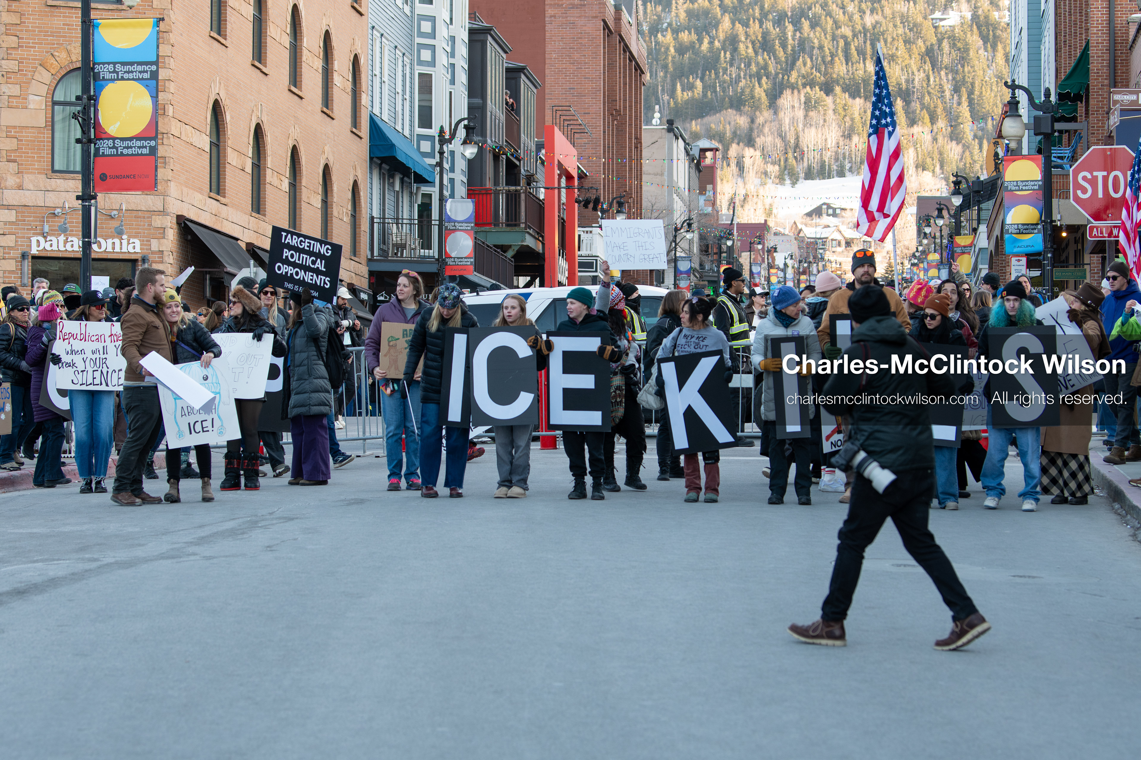 January 26, 2026, Park City, Utah, USA: Demonstrators march through Main Street holding signs during a protest opposing U.S. Immigration and Customs Enforcement (I.C.E.) ICE agents at the Sundance Film Festival in Park City, Utah, on Monday, Jan. 26, 2026. The event was held in response to the fatal shooting of Alex Pretti by a U.S. Border Patrol officer in Minneapolis. (Credit Image: © Charles McClintock Wilson/ZUMA Press Wire)