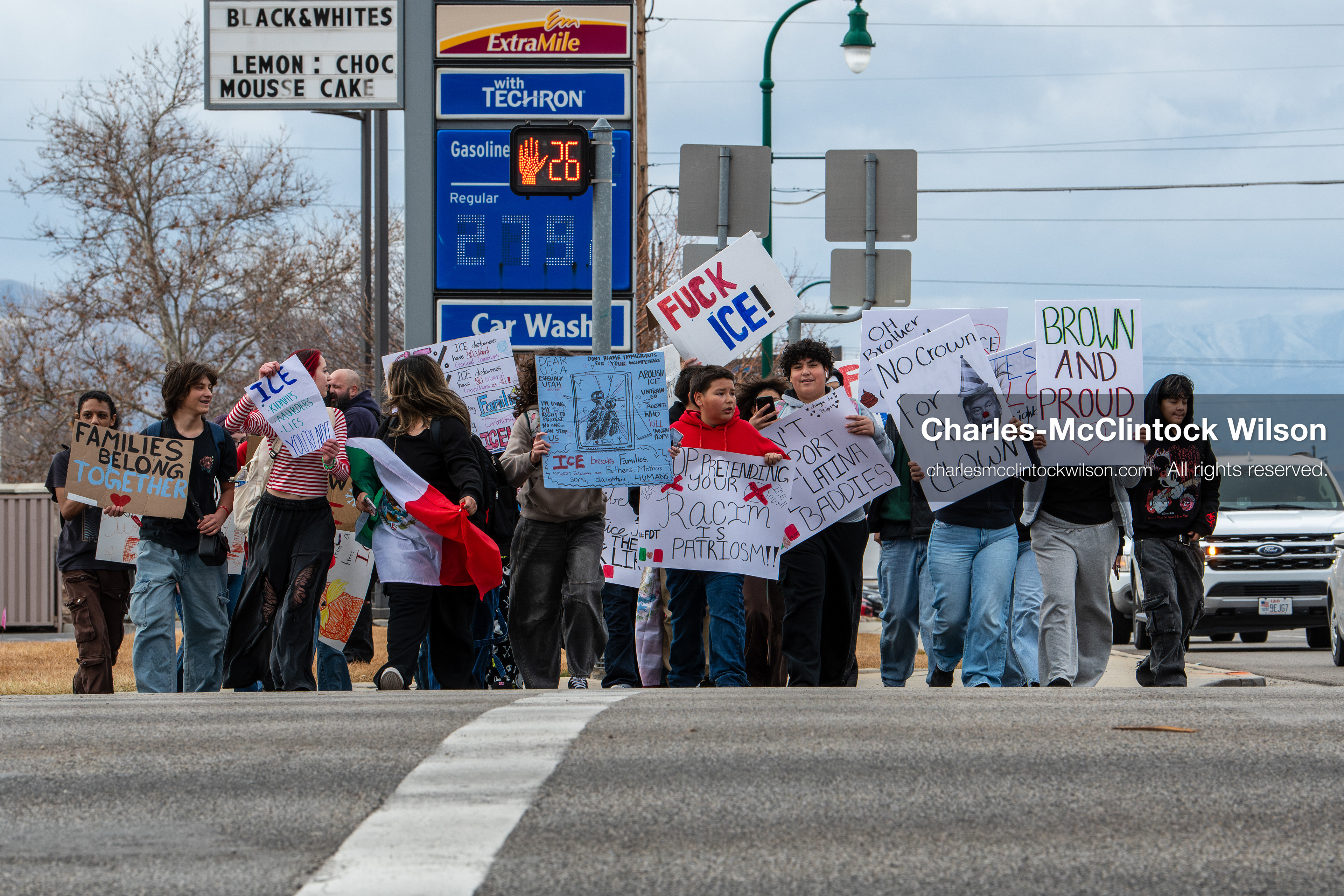 February 11, 2026, Orem, Utah, USA: Students march along State Street during a student‑led protest involving participants from multiple Orem schools. (Credit Image: © Charles‑McClintock Wilson/ZUMA Press Wire)