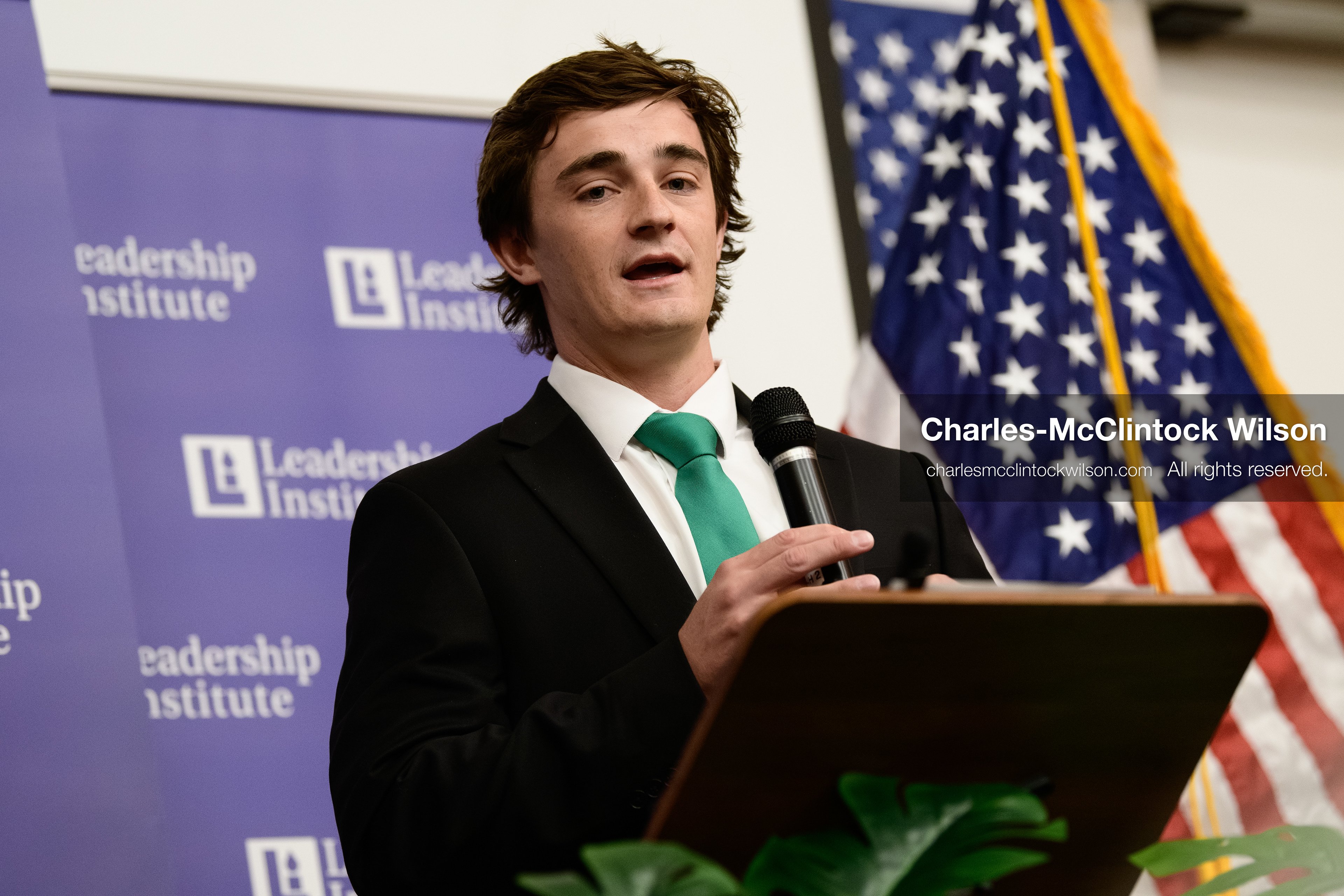 Salt Lake City, Utah, USA — US YouTuber Nick Shirley speaks during a “Learing Tour” event organized by the Utah Federation of College Republicans at the University of Utah, April 10, 2026. (Credit Image: © Charles-McClintock Wilson/ZUMA Press Wire)
