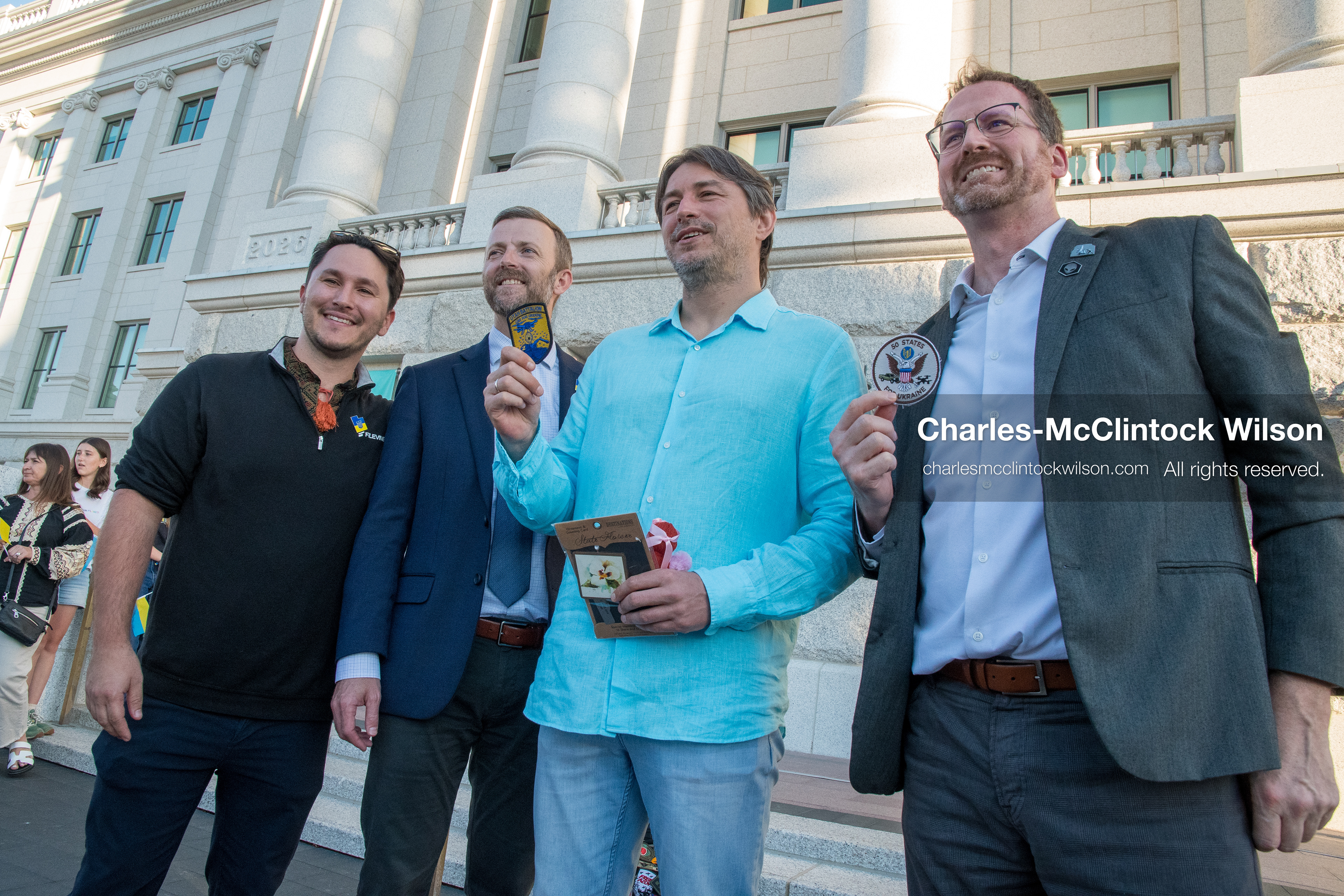 July 23, 2026, Salt Lake City, Utah, USA: Ukrainian activist SERHIY PRYTULA poses for a photograph with community members outside the Utah State Capitol building in Salt Lake City, Utah, on Thursday, July 23, 2026. The event, titled ''Ukraine in the Fifth Year of the Full-Scale War: An Honest Conversation,'' was hosted by the Prytula Foundation USA to discuss civil defense and ongoing humanitarian aid initiatives. (Credit Image: © Charles-McClintock Wilson/ZUMA Press Wire)