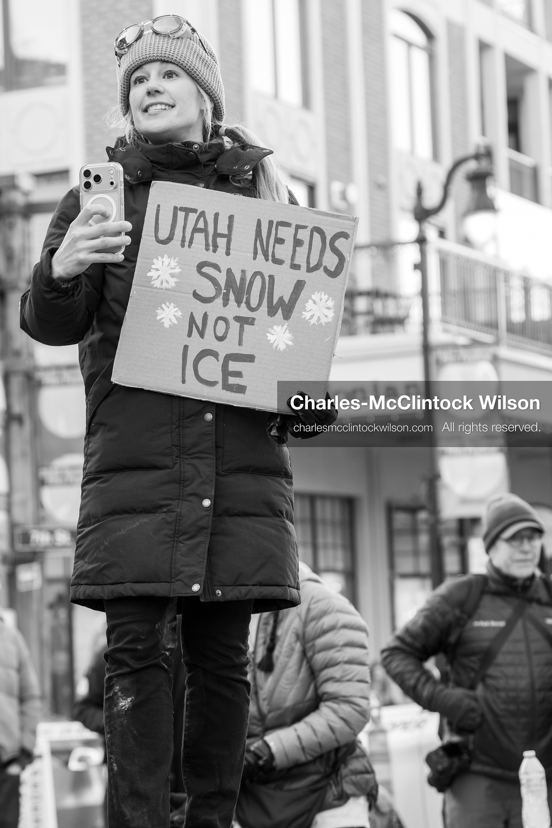 January 26, 2026, Park City, Utah, USA: CAROLINE GLEICH, a professional ski mountaineer, endurance athlete, and activist who was the Democratic nominee for the 2024 U.S. Senate election in Utah, holds a sign during a protest opposing U.S. Immigration and Customs Enforcement (I.C.E.) ICE agents at the Sundance Film Festival in Park City, Utah, on Monday, Jan. 26, 2026. The event was held in response to the fatal shooting of Alex Pretti by a U.S. Border Patrol officer in Minneapolis. (Credit Image: © Charles McClintock Wilson/ZUMA Press Wire)