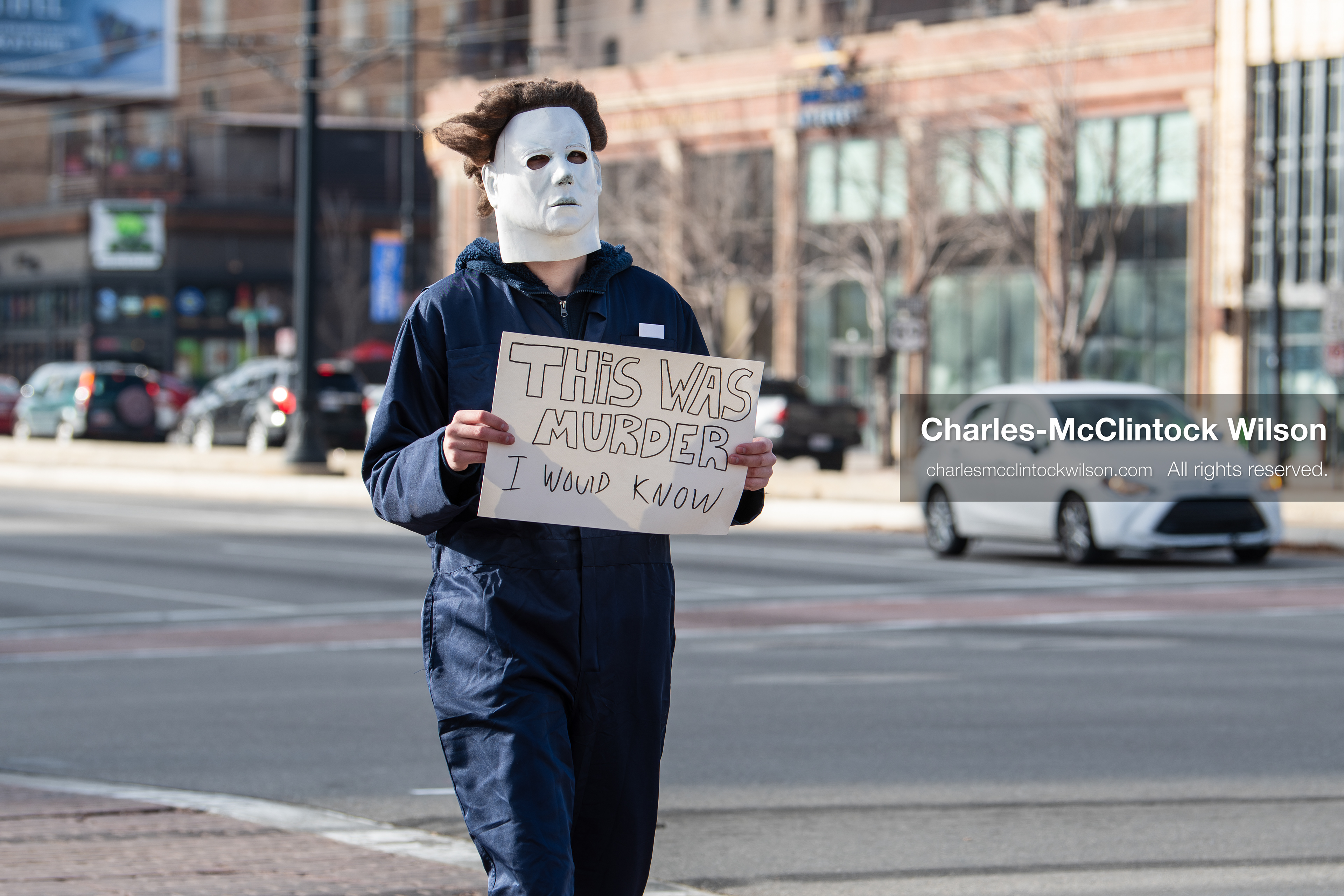 January 30, 2026, Salt Lake City, Utah, USA: A demonstrator dressed as Michael Myers holds a sign during an anti‑ICE protest in Salt Lake City, part of a nationwide response to immigration enforcement policies. (Credit Image: © Charles‑McClintock Wilson/ZUMA Press Wire)
