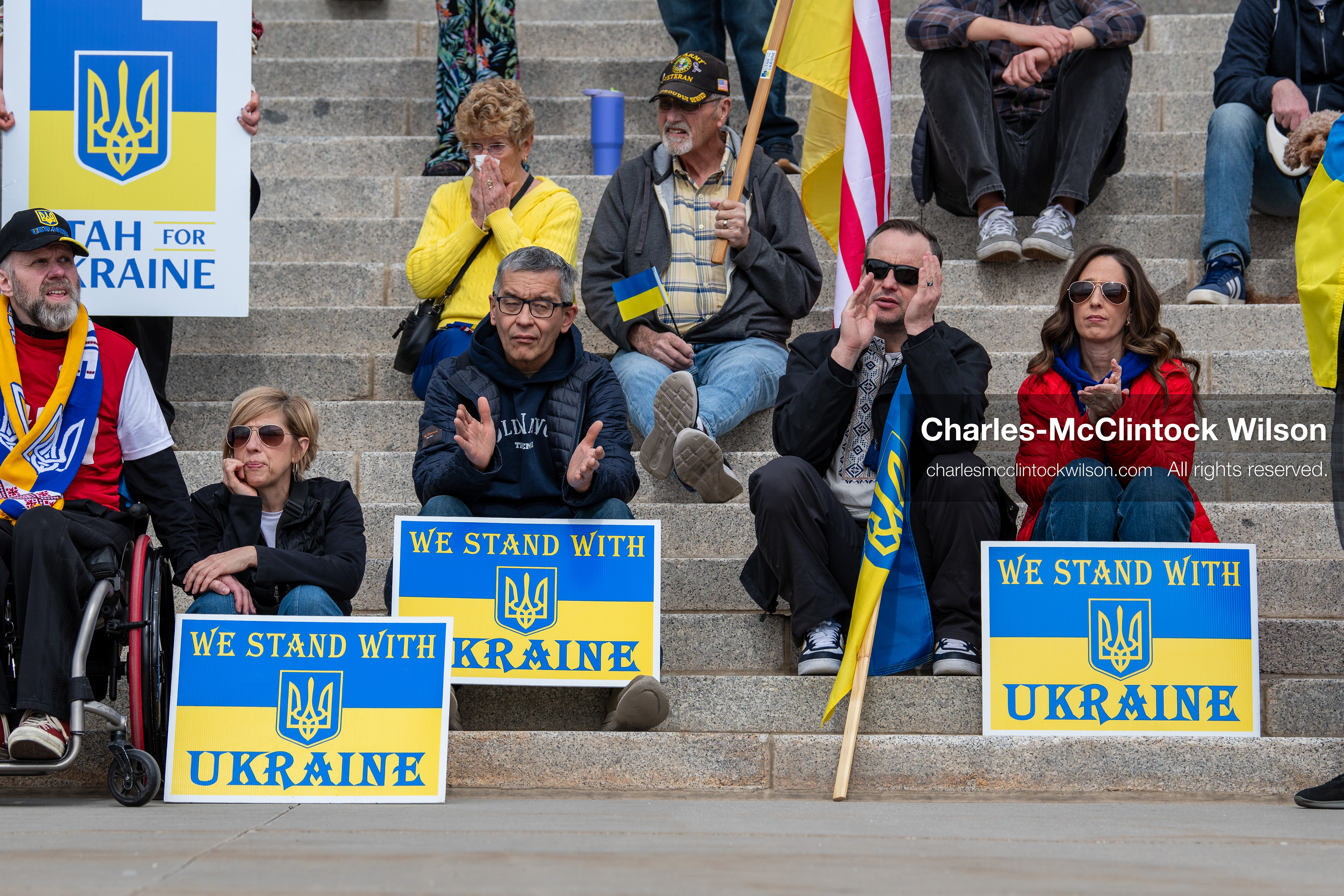 February 28, 2026, Salt Lake City, Utah, USA: Supporters gather on the steps of the Utah State Capitol during the Stand With Ukraine rally marking the four year anniversary of the full scale Russian invasion of Ukraine. Participants hold signs and Ukrainian flags as community members call for continued support for Ukraine and an end to the war. (Credit Image: © Charles McClintock Wilson/ZUMA Press Wire)