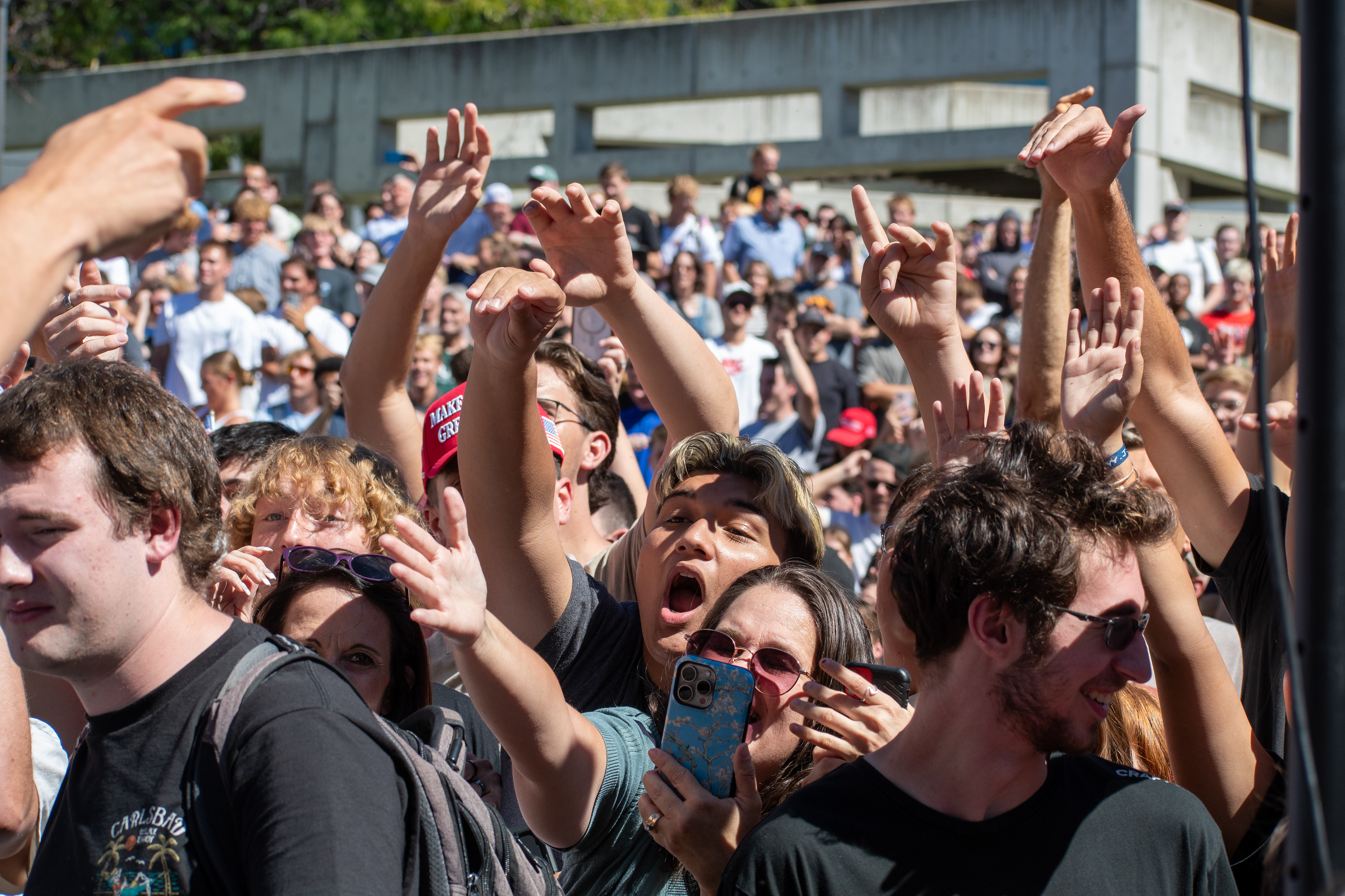 OREM, UTAH – SEPTEMBER 10, 2025: Attendees gather in close formation at Utah Valley University for the opening stop of the American Comeback Tour. The image captures a moment of shared anticipation and civic presence, reflecting the energy, emotion, and communal engagement that defined the event’s intended spirit. © Charles-McClintock Wilson / ZUMA Press