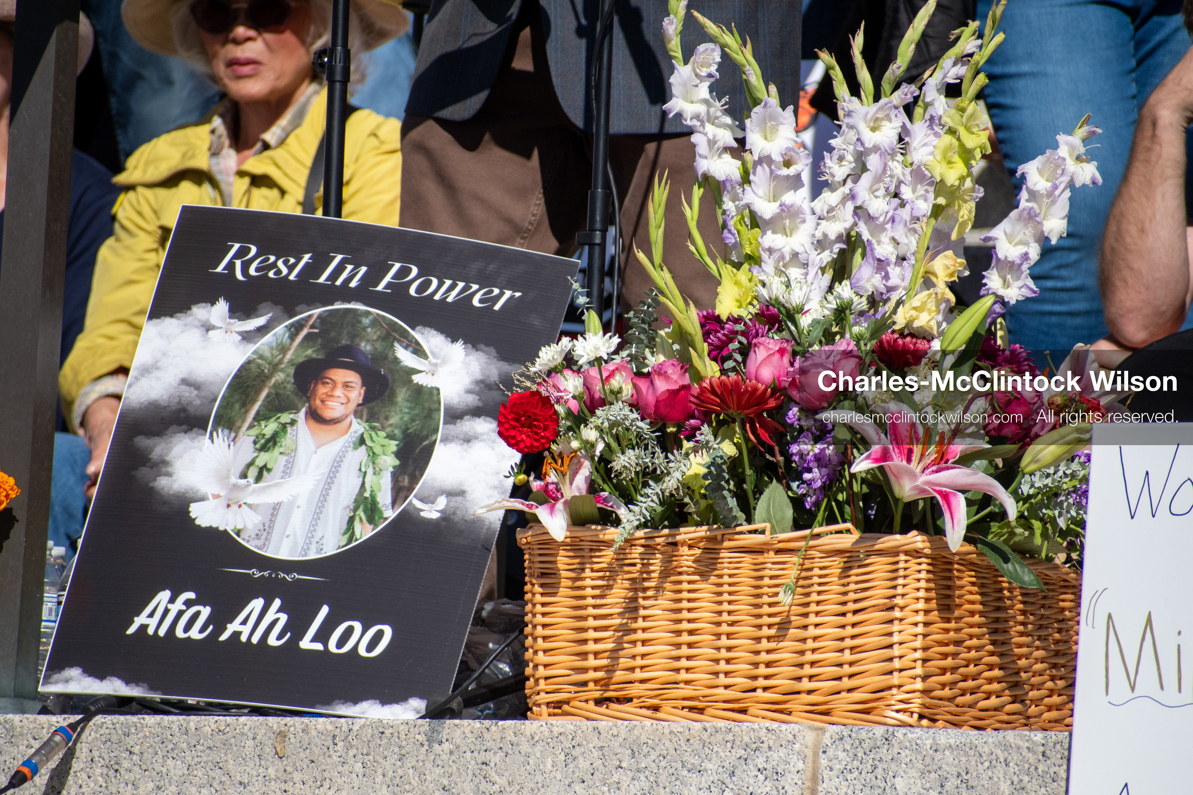 October 18, 2025, Salt Lake City, Utah, USA: A memorial to AFA AH LOO is seen during a "No Kings" protest at the Utah State Capitol. The protest was part of a nationwide mobilization.