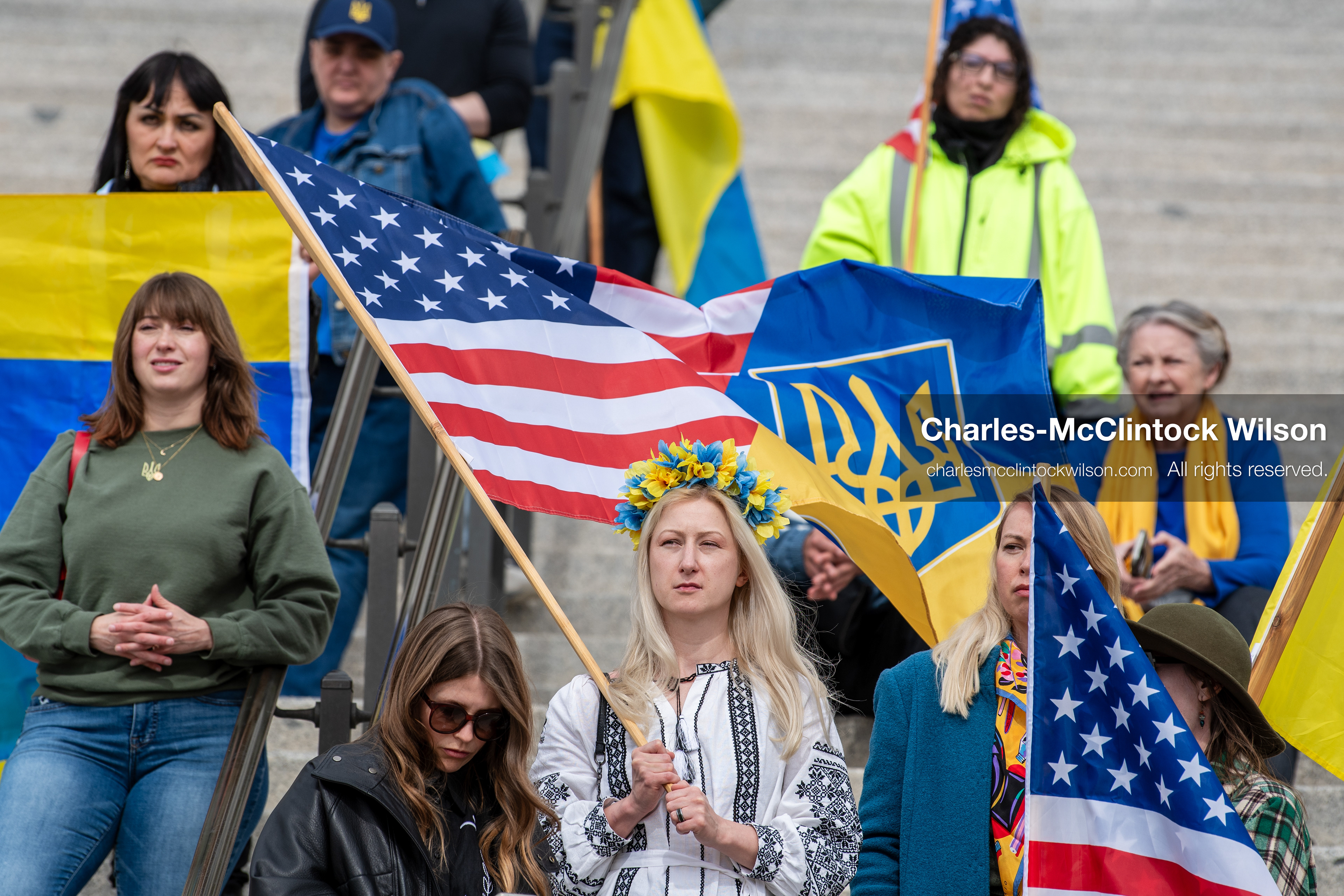 February 28, 2026, Salt Lake City, Utah, USA: Supporters gather on the steps of the Utah State Capitol during the Stand With Ukraine rally marking the four year anniversary of the full scale Russian invasion of Ukraine. Participants hold signs and Ukrainian flags as community members call for continued support for Ukraine and an end to the war. (Credit Image: © Charles McClintock Wilson/ZUMA Press Wire)