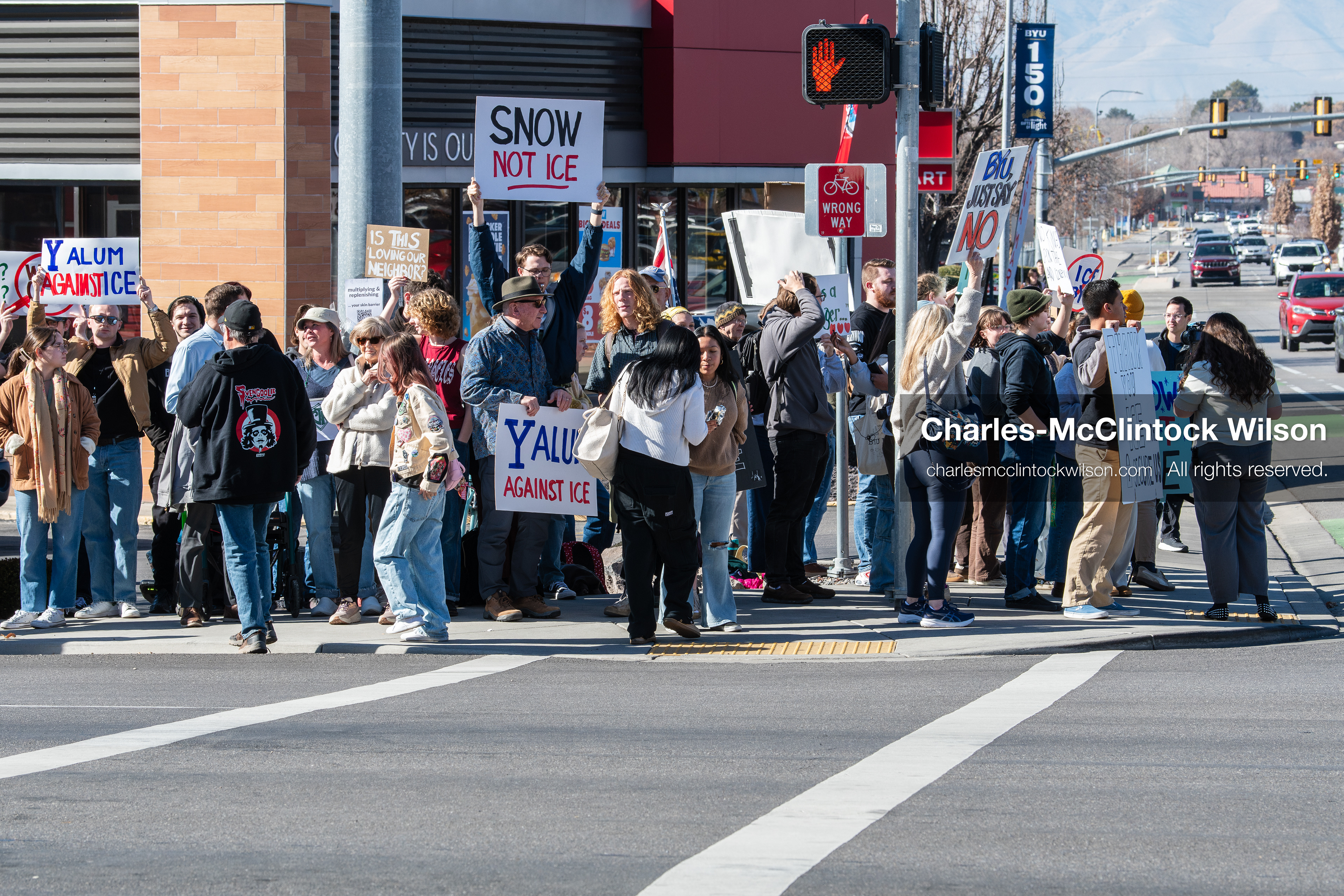February 5, 2026, Provo, Utah, USA: Students and community members gather near Brigham Young University in Provo to demonstrate against the presence of US Customs and Border Protection recruiters at a career fair held on the BYU campus. (Credit Image: © Charles McClintock Wilson/ZUMA Press Wire)