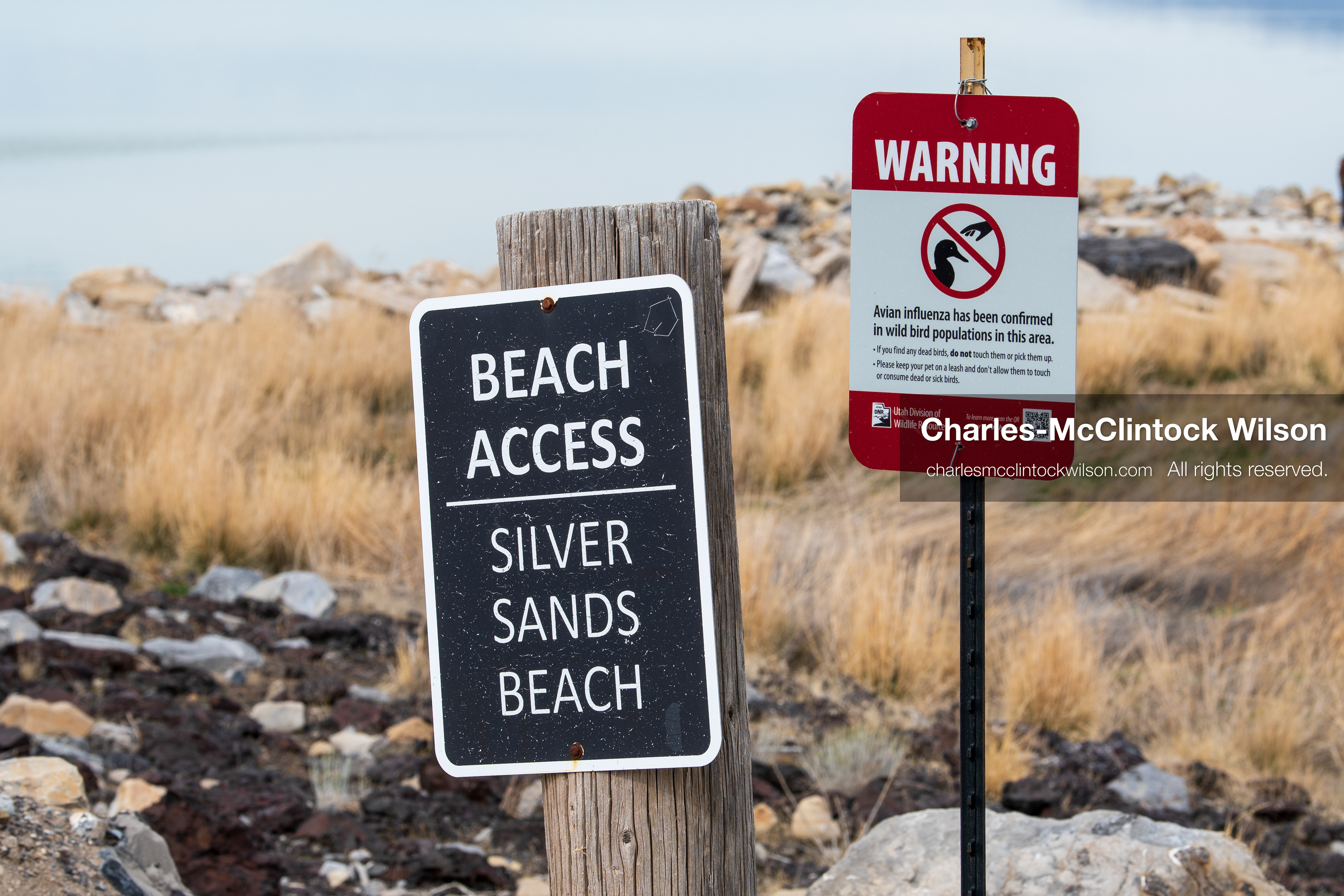March 1, 2026, Great Salt Lake, Utah, USA: Signs marking beach access and warning of unsafe water conditions stand near the shoreline of the Great Salt Lake as the region continues to experience historically low water levels. Reports from state officials and the Great Salt Lake Strike Team state that the lake remains in a serious adverse‑effects range, with elevations among the lowest recorded in more than one hundred years. The lake has drawn increased public attention as lawmakers consider large‑scale water projects and long‑term plans to address declining conditions. (Credit Image: © Charles‑McClintock Wilson/ZUMA Press Wire)