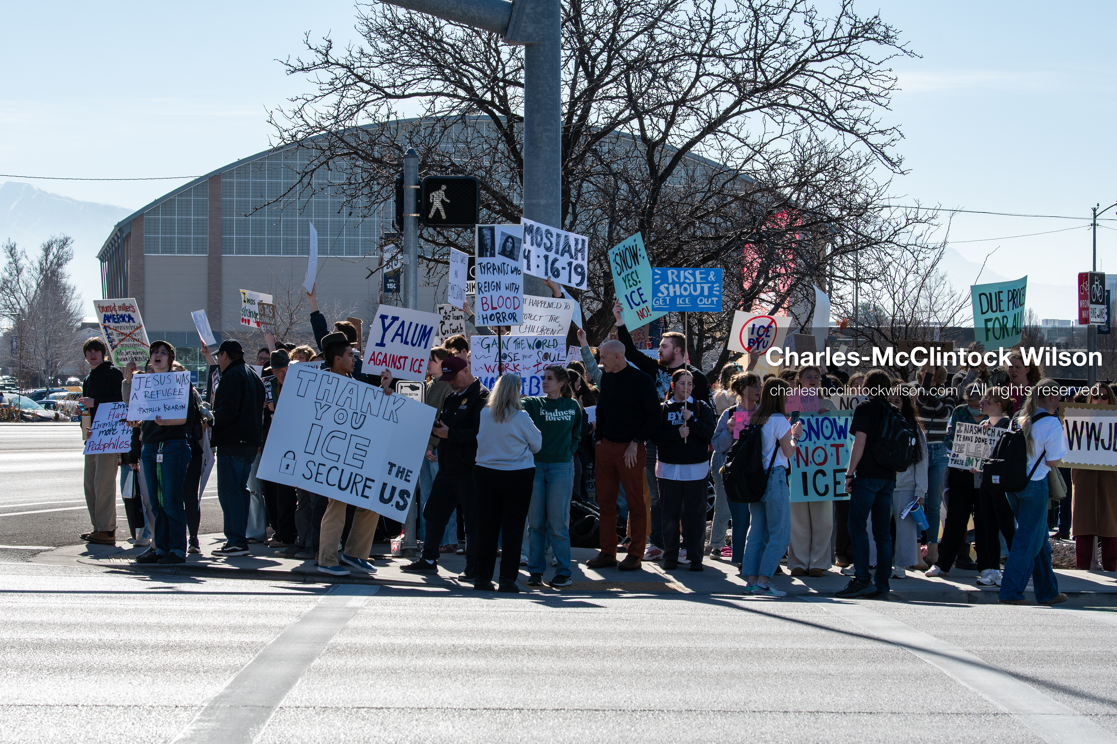 February 5, 2026, Provo, Utah, USA: Students and community members gather near Brigham Young University in Provo to demonstrate against the presence of US Customs and Border Protection recruiters at a career fair held on the BYU campus. (Credit Image: © Charles McClintock Wilson/ZUMA Press Wire)
