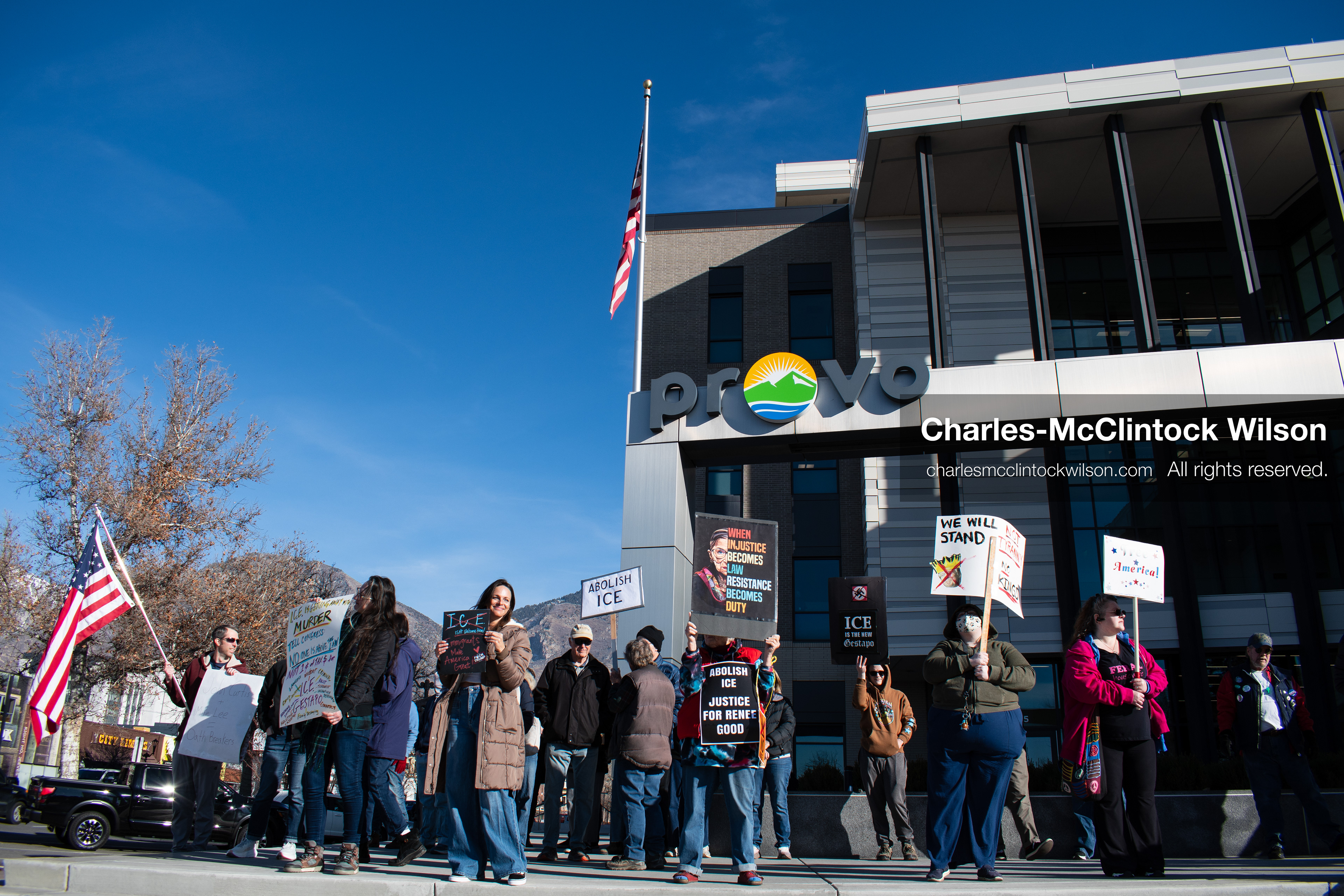January 20, 2026, Provo, Utah, USA: Protesters gather outside Provo City Hall during the Free America Walkout protest in Provo, Utah, on January 20, 2026. Demonstrators held signs calling for justice, immigration reform, and an end to detention practices. (Credit Image: © Charles-McClintock Wilson/ZUMA Press Wire)