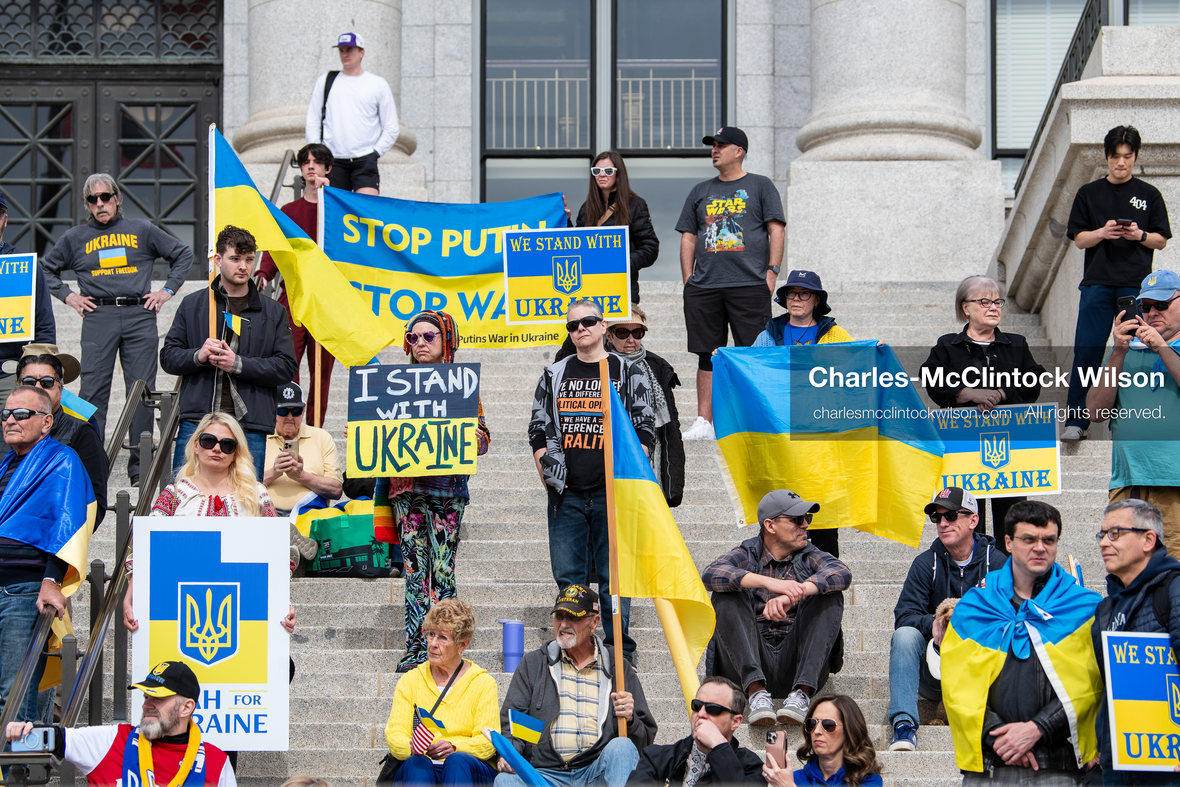February 28, 2026, Salt Lake City, Utah, USA: Supporters gather on the steps of the Utah State Capitol during the Stand With Ukraine rally marking the four year anniversary of the full scale Russian invasion of Ukraine. Participants hold signs and Ukrainian flags as community members call for continued support for Ukraine and an end to the war. (Credit Image: © Charles McClintock Wilson/ZUMA Press Wire)