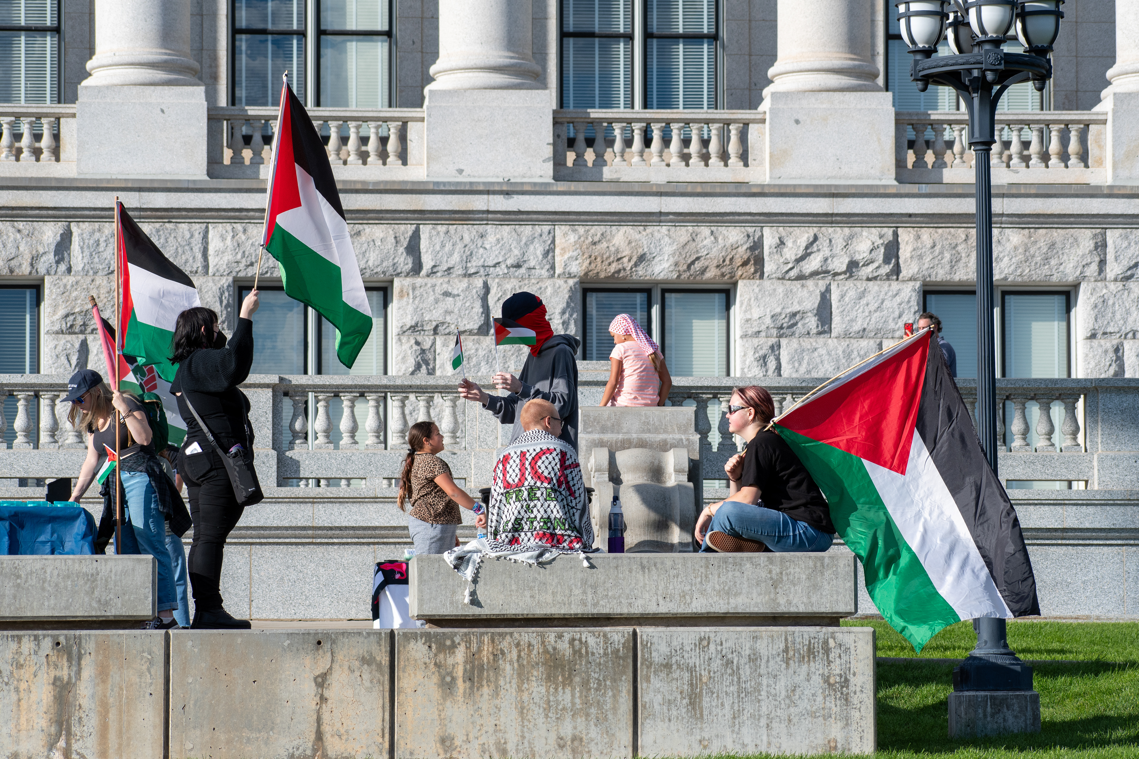 October 10, 2025, Salt Lake City, Utah, USA: Pro-Palestine demonstrators gather in front of the Utah State Capitol during the Free Palestine Rally. Participants hold flags and signs as part of the public demonstration. (Credit Image: © Charles-McClintock Wilson/ZUMA Press Wire)