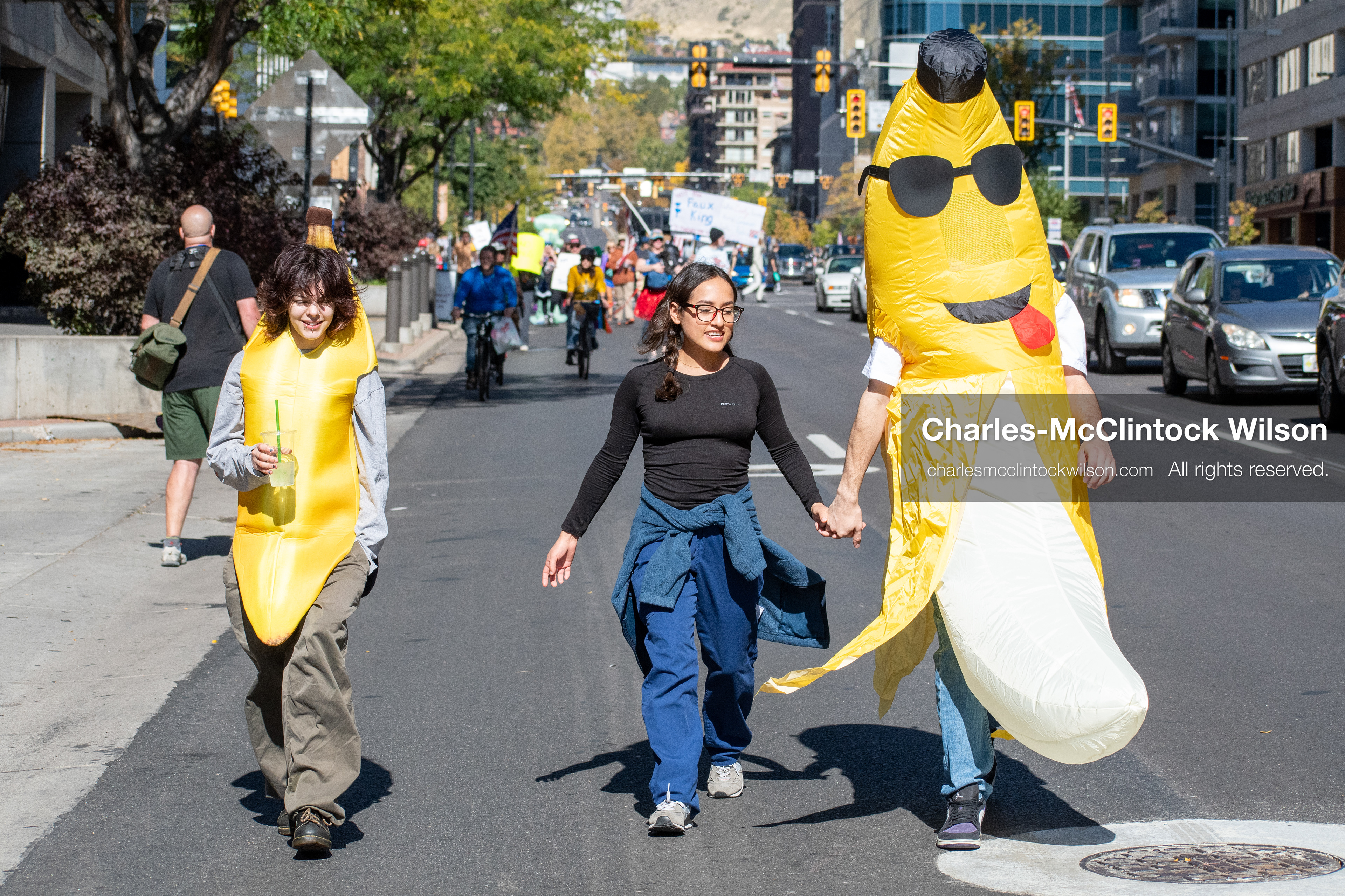 October 18, 2025, Salt Lake City, Utah, USA: Demonstrators march along South State Street during a "No Kings" protest in Salt Lake City, Utah. The protest was part of a nationwide mobilization.