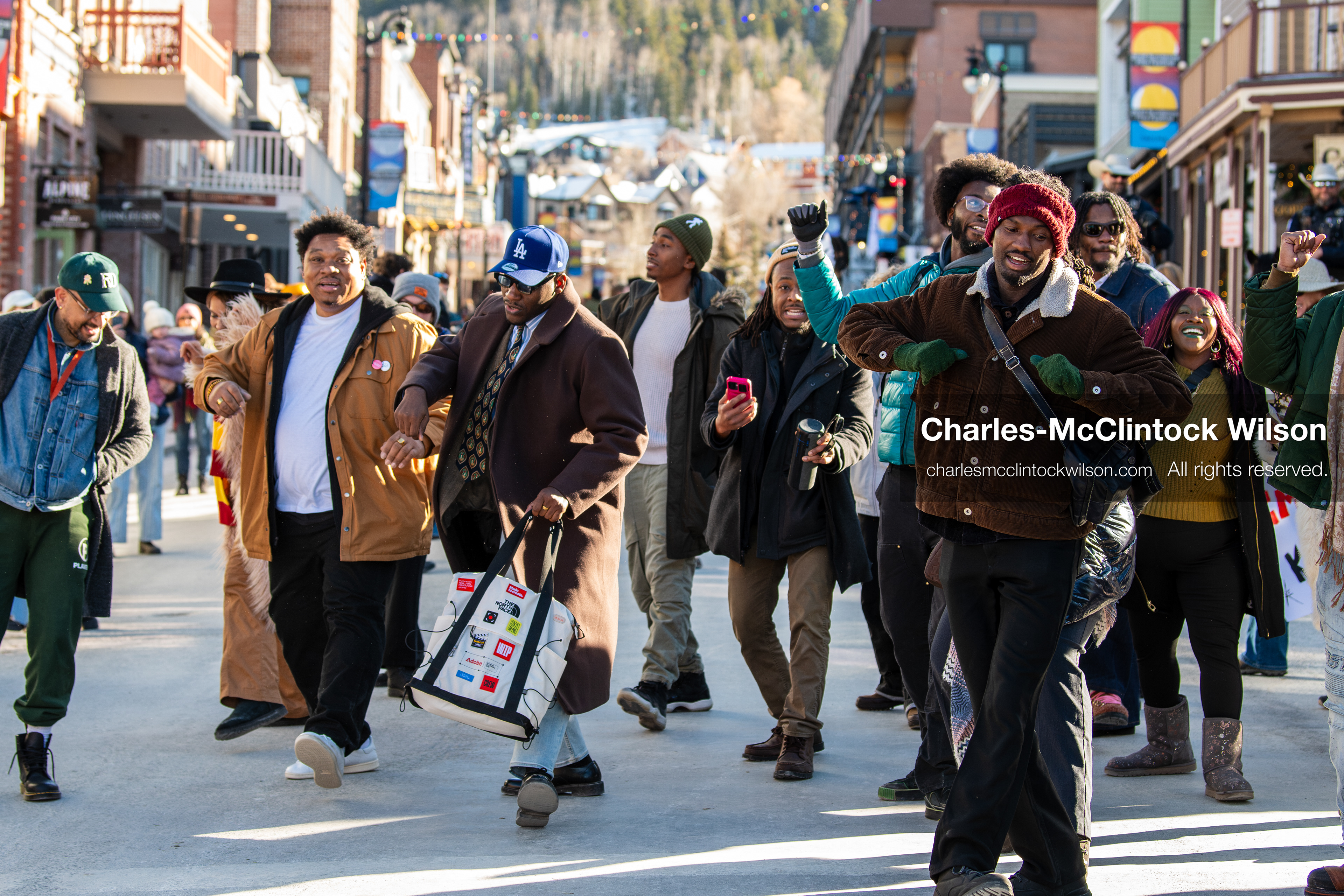 January 26, 2026, Park City, Utah, USA: Demonstrators dance on Main Street during a protest opposing U.S. Immigration and Customs Enforcement (I.C.E.) ICE agents at the Sundance Film Festival in Park City, Utah, on Monday, Jan. 26, 2026. The event was held in response to the fatal shooting of Alex Pretti by a U.S. Border Patrol officer in Minneapolis. (Credit Image: © Charles McClintock Wilson/ZUMA Press Wire)