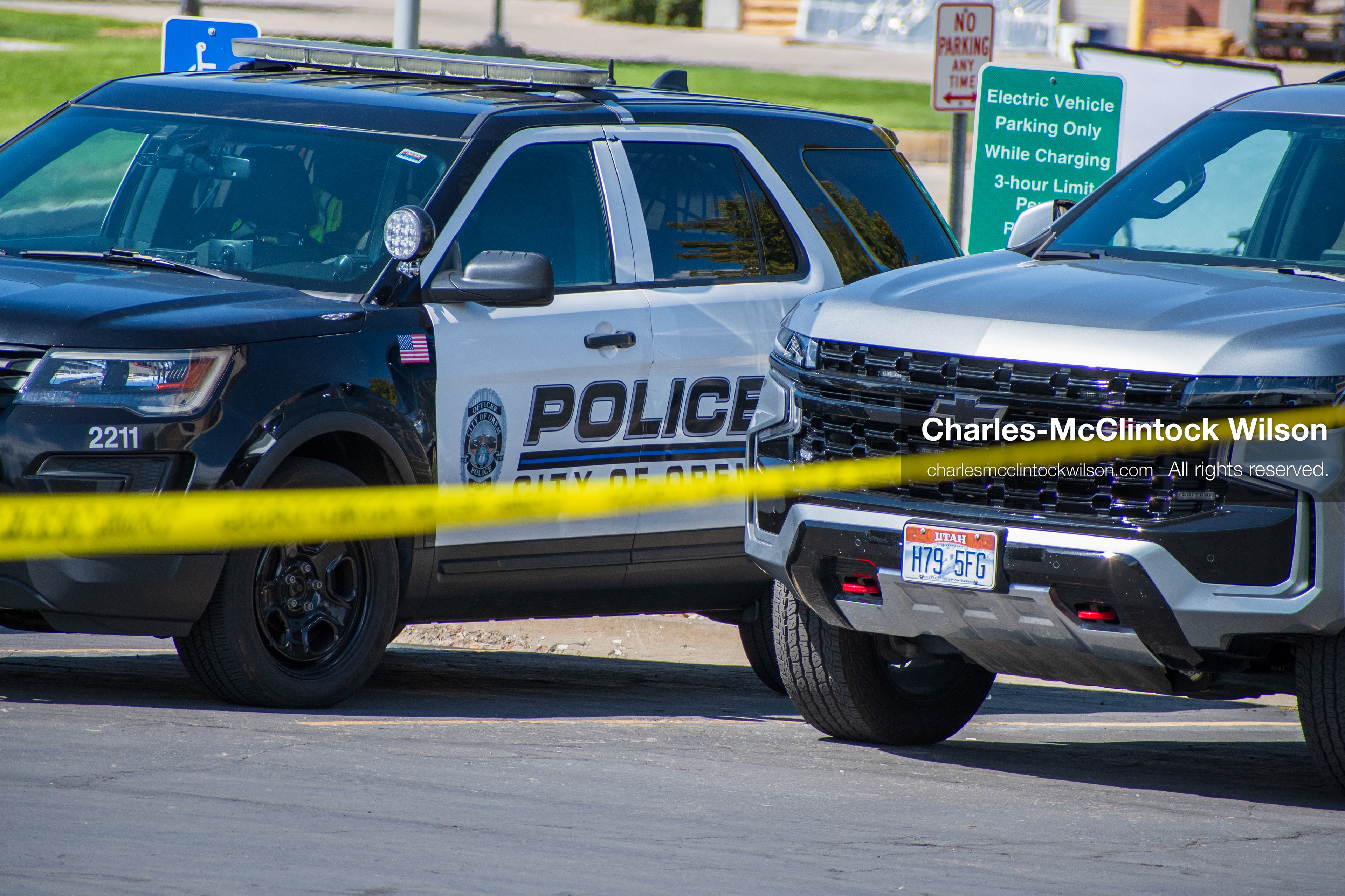 September 12, 2025, Orem, Utah, United States: A police vehicle is seen parked at Utah Valley University following the fatal shooting of conservative activist Charlie Kirk, who was assassinated during a public event on campus two days earlier.   (Credit Image: © Charles‑McClintock Wilson/ZUMA Press Wire)