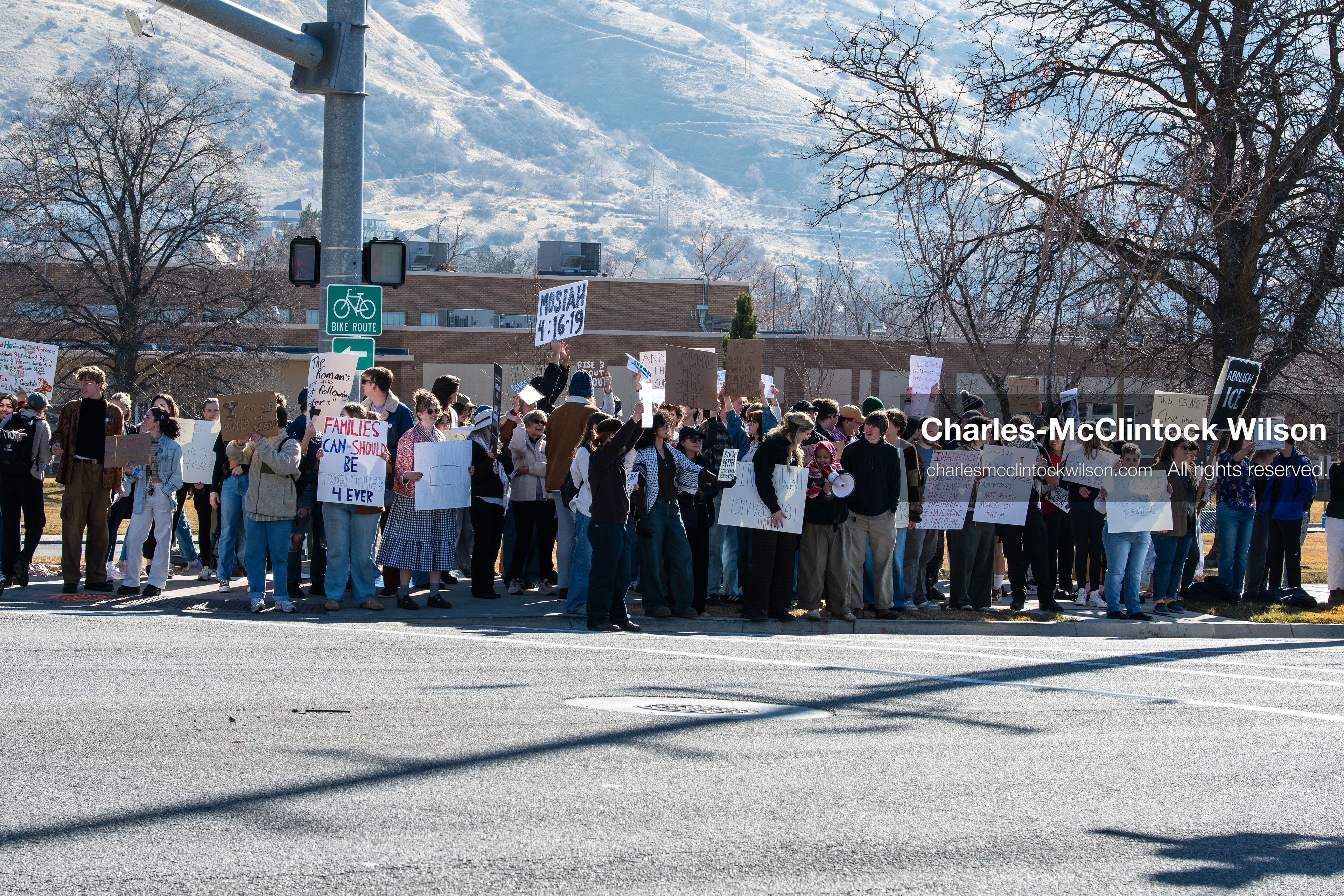 February 5, 2026, Provo, Utah, USA: Students and community members gather near Brigham Young University in Provo to demonstrate against the presence of US Customs and Border Protection recruiters at a career fair held on the BYU campus. (Credit Image: © Charles McClintock Wilson/ZUMA Press Wire)