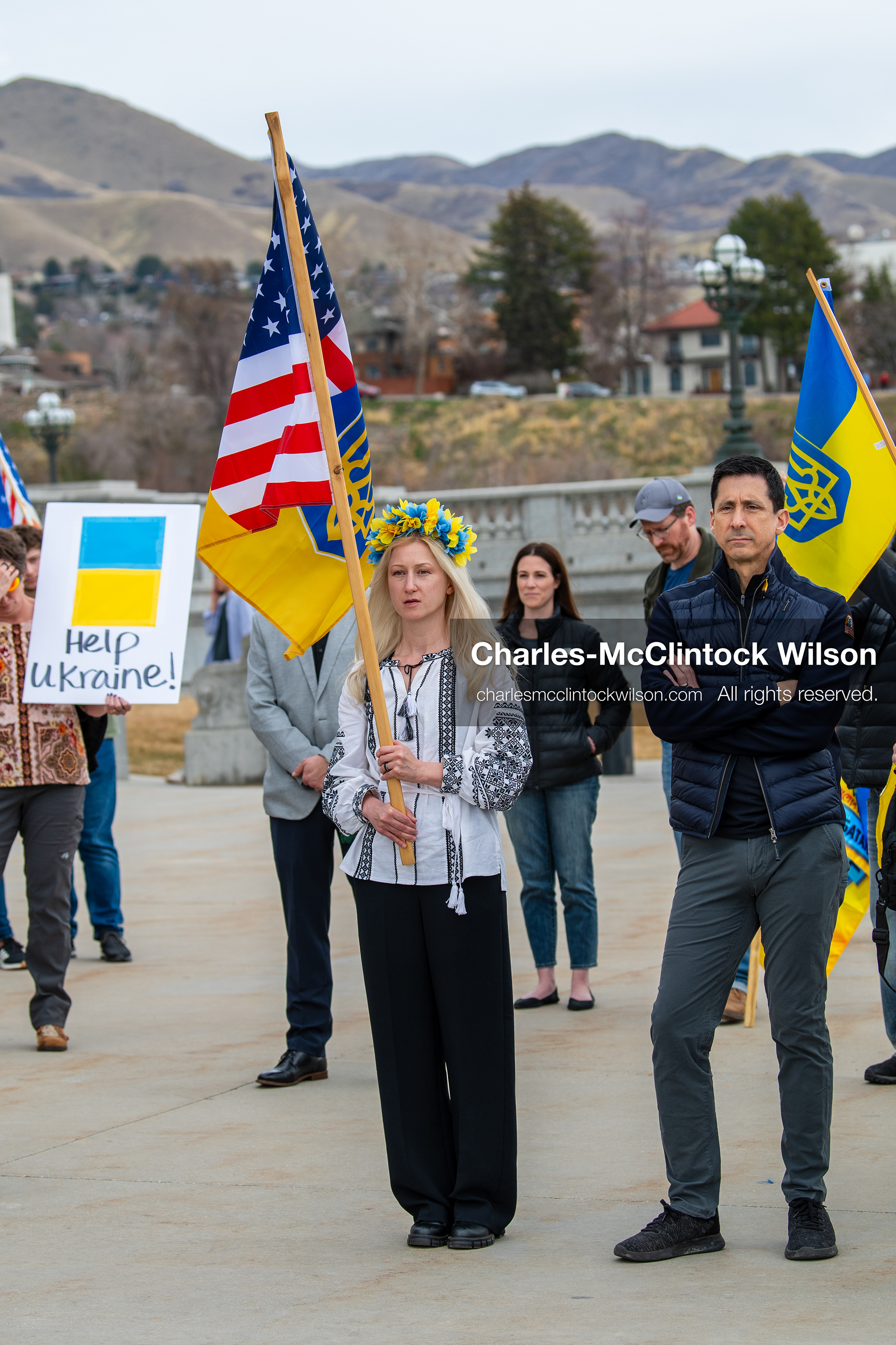 February 28, 2026, Salt Lake City, Utah, USA: A woman wearing a traditional Ukrainian embroidered blouse and a blue and yellow flower wreath holds a Ukrainian flag during the Stand With Ukraine rally near the Utah State Capitol. The gathering marked the four year anniversary of the full scale Russian invasion of Ukraine and brought community members together in support of Ukrainians and local humanitarian efforts. (Credit Image: © Charles McClintock Wilson/ZUMA Press Wire)