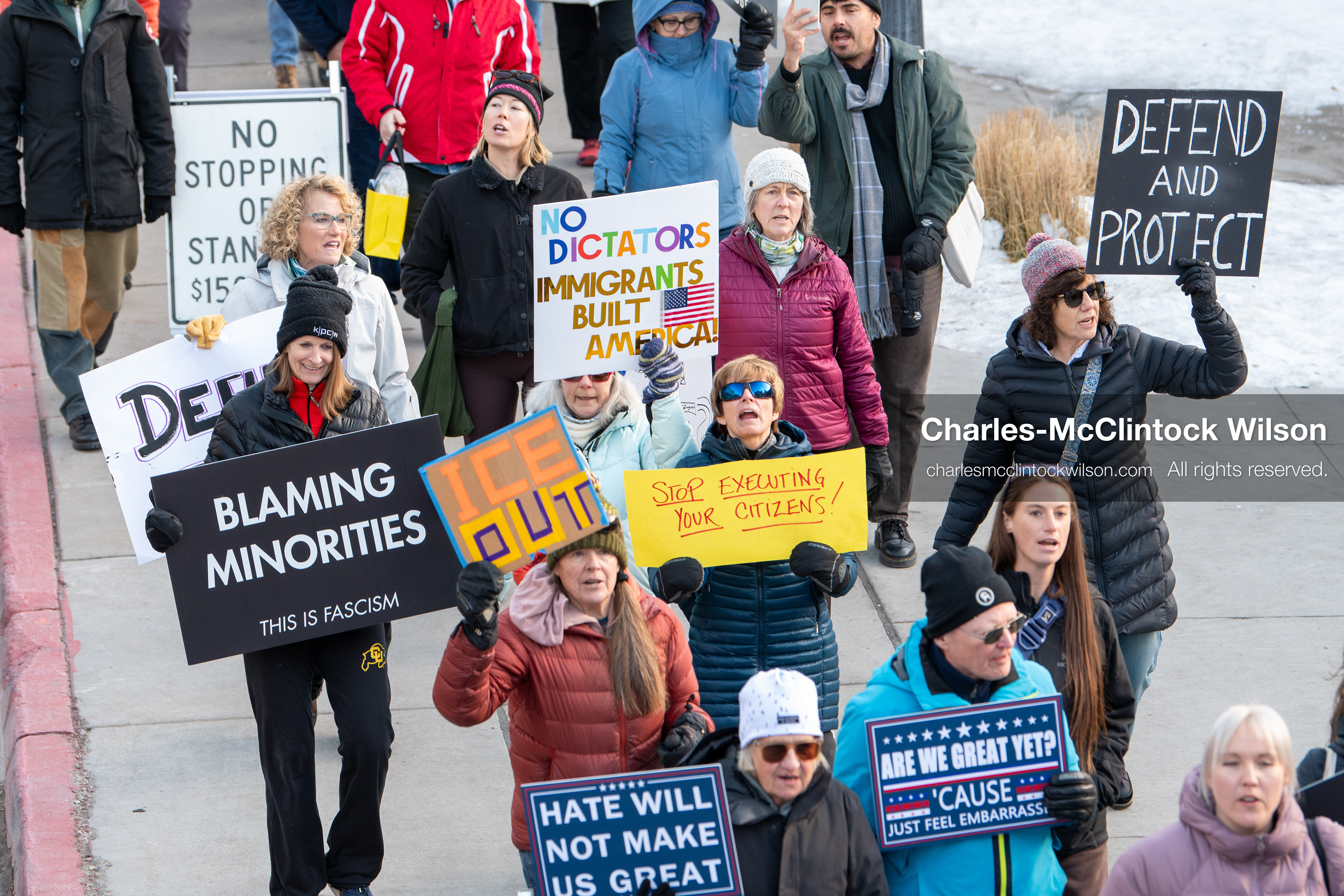 January 26, 2026, Park City, Utah, USA: Demonstrators march through Main Street holding signs during a protest opposing U.S. Immigration and Customs Enforcement (I.C.E.) ICE agents at the Sundance Film Festival in Park City, Utah, on Monday, Jan. 26, 2026. The event was held in response to the fatal shooting of Alex Pretti by a U.S. Border Patrol officer in Minneapolis. (Credit Image: © Charles McClintock Wilson/ZUMA Press Wire)