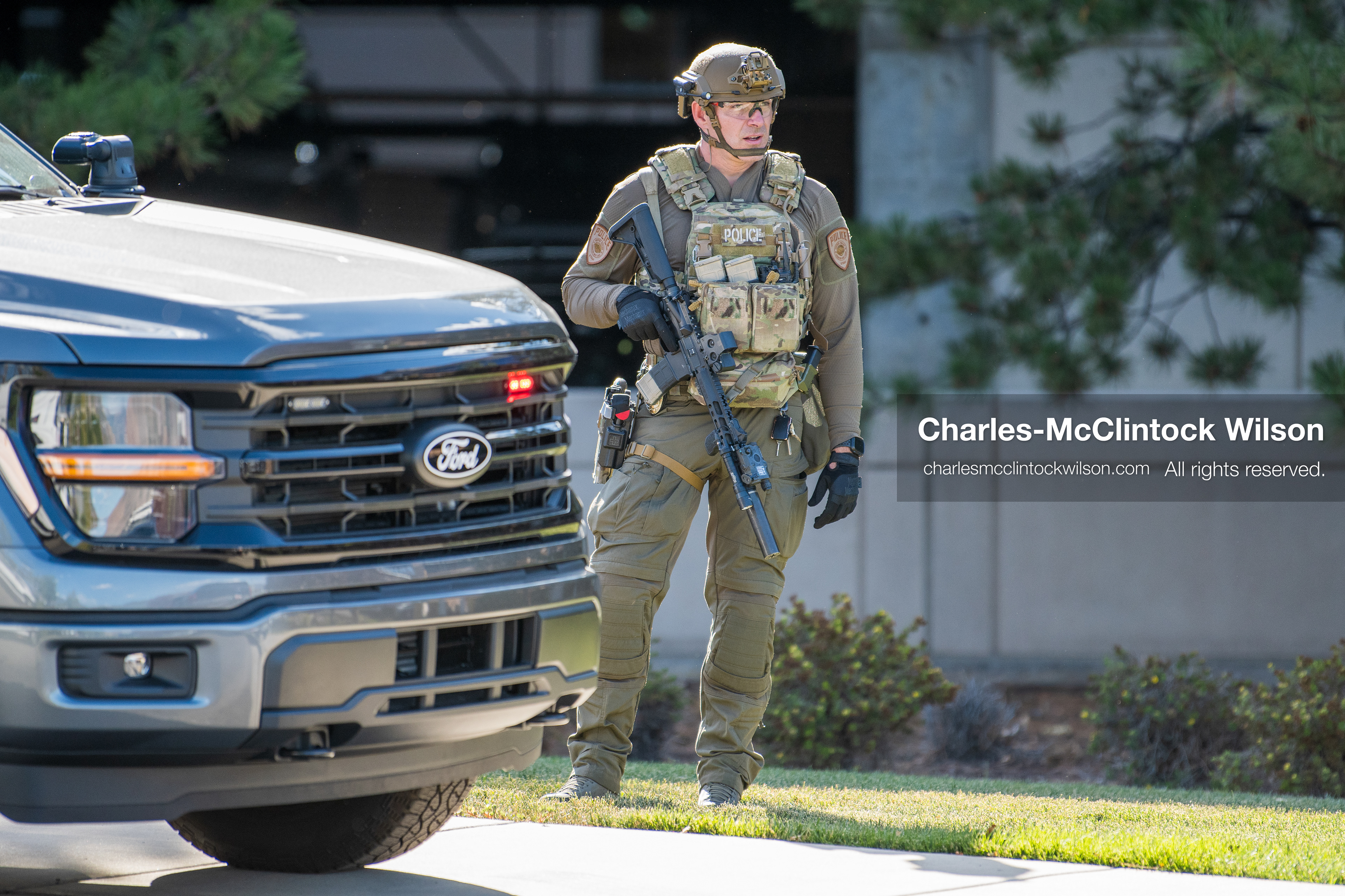 August 17, 2026, Murray, Utah, USA: A law enforcement officer stands guard outside Intermountain Medical Center in Murray, Utah, on Monday. Multiple police agencies secured the hospital perimeter as a safety precaution after shooting victims were brought in from a fatal shootout outside a funeral in nearby Kearns. (Credit Image: © Charles McClintock Wilson/ZUMA Press Wire)