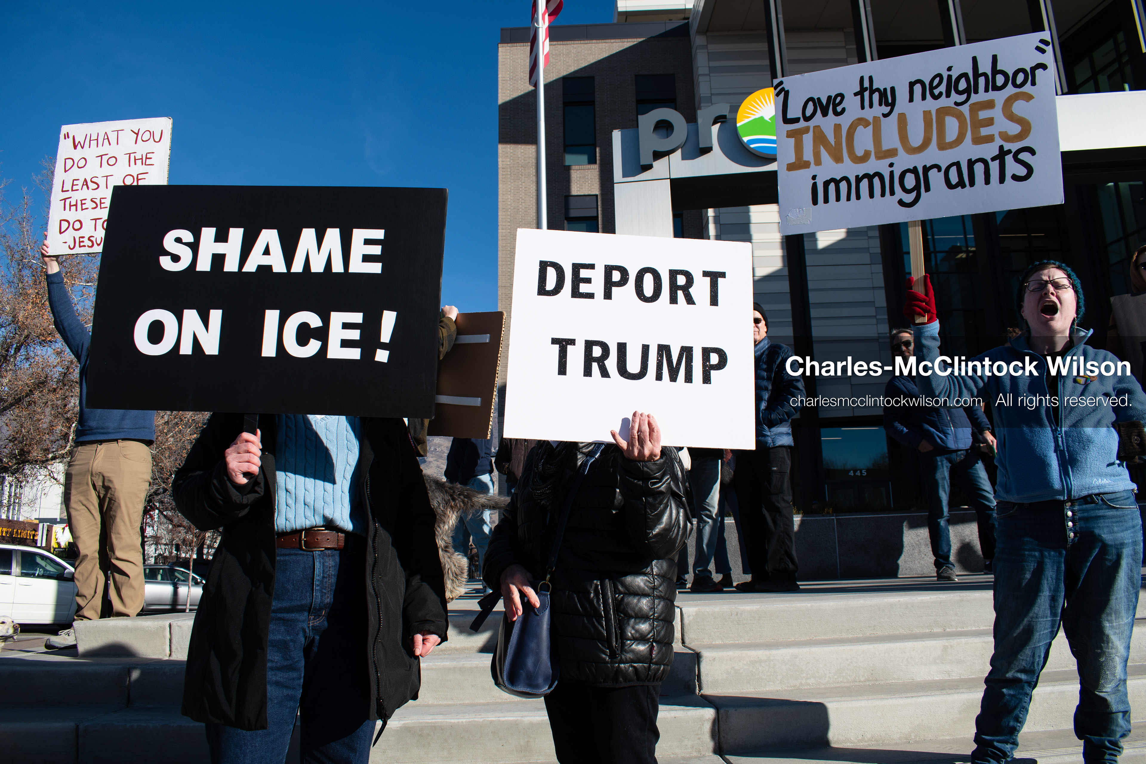 January 20, 2026, Provo, Utah, USA: Protesters gather outside Provo City Hall during the Free America Walkout protest in Provo, Utah, on January 20, 2026. Demonstrators held signs calling for justice, immigration reform, and an end to detention practices. (Credit Image: © Charles-McClintock Wilson/ZUMA Press Wire)
