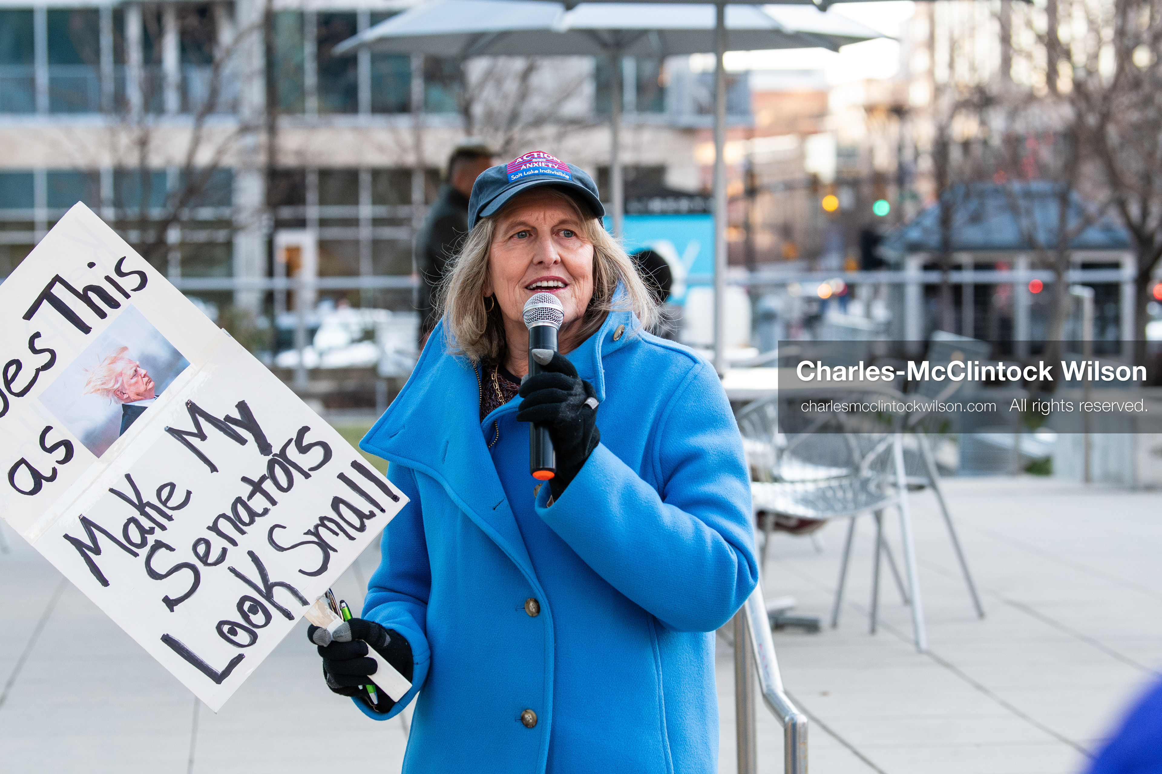 January 5, 2026, Salt Lake City, Utah, USA: Sarah Buck, leader of Salt Lake Indivisible, speaks during an emergency rally outside the Wallace Federal Building in Salt Lake City, Utah. The protest was part of a nationwide mobilization demanding congressional limits on presidential war powers following recent US military actions in Venezuela involving the government of Nicolas Maduro. Organizers urged constituents to gather at the offices of Utah US senators Mike Lee and John Curtis to vote to check the presidents war powers and emphasized that a large crowd sends a louder message. (Credit Image: (c) Charles‑McClintock Wilson/ZUMA Press Wire)