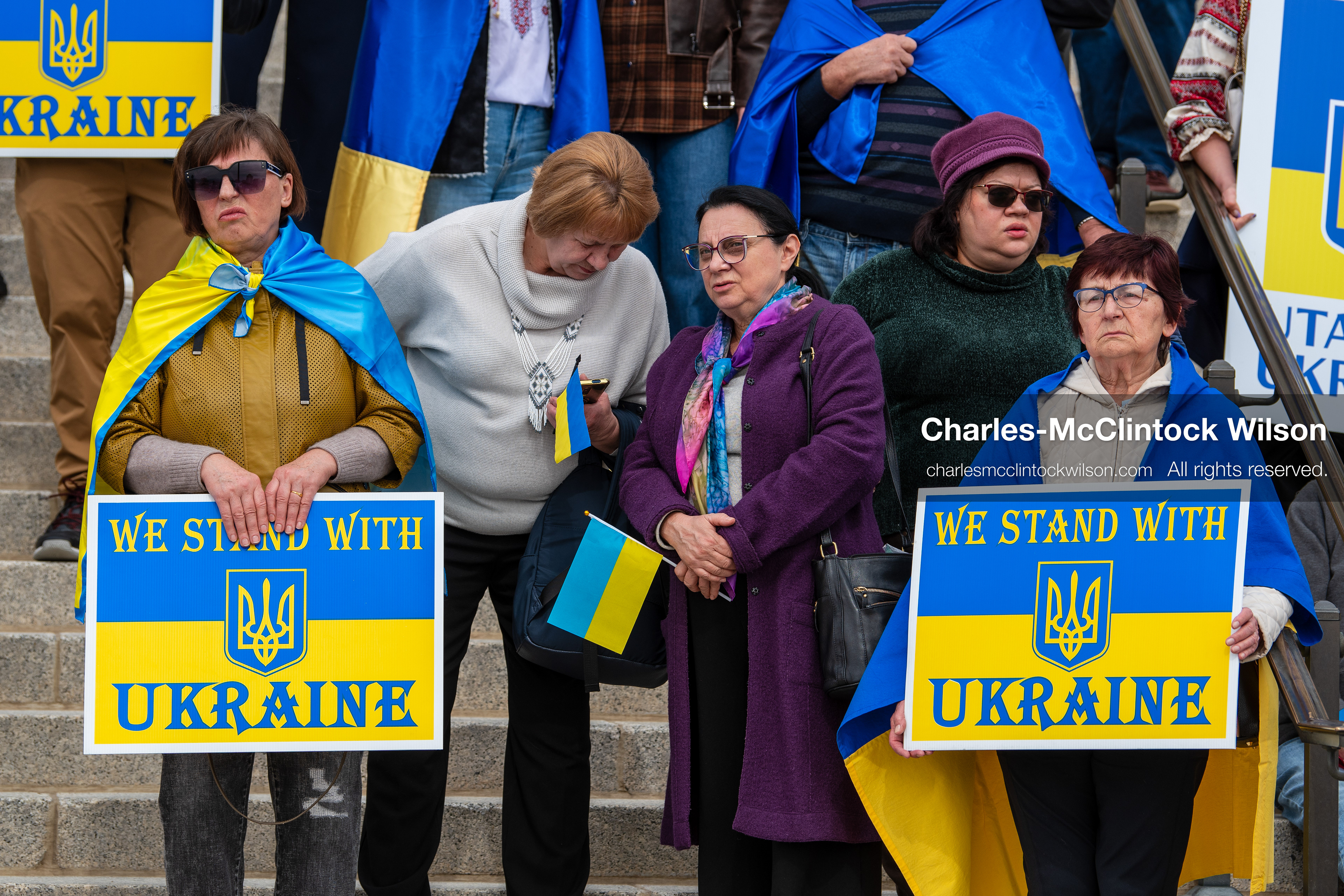 February 28, 2026, Salt Lake City, Utah, USA: Supporters gather on the steps of the Utah State Capitol during the Stand With Ukraine rally marking the four year anniversary of the full scale Russian invasion of Ukraine. Participants hold signs and Ukrainian flags as community members call for continued support for Ukraine and an end to the war. (Credit Image: © Charles McClintock Wilson/ZUMA Press Wire)