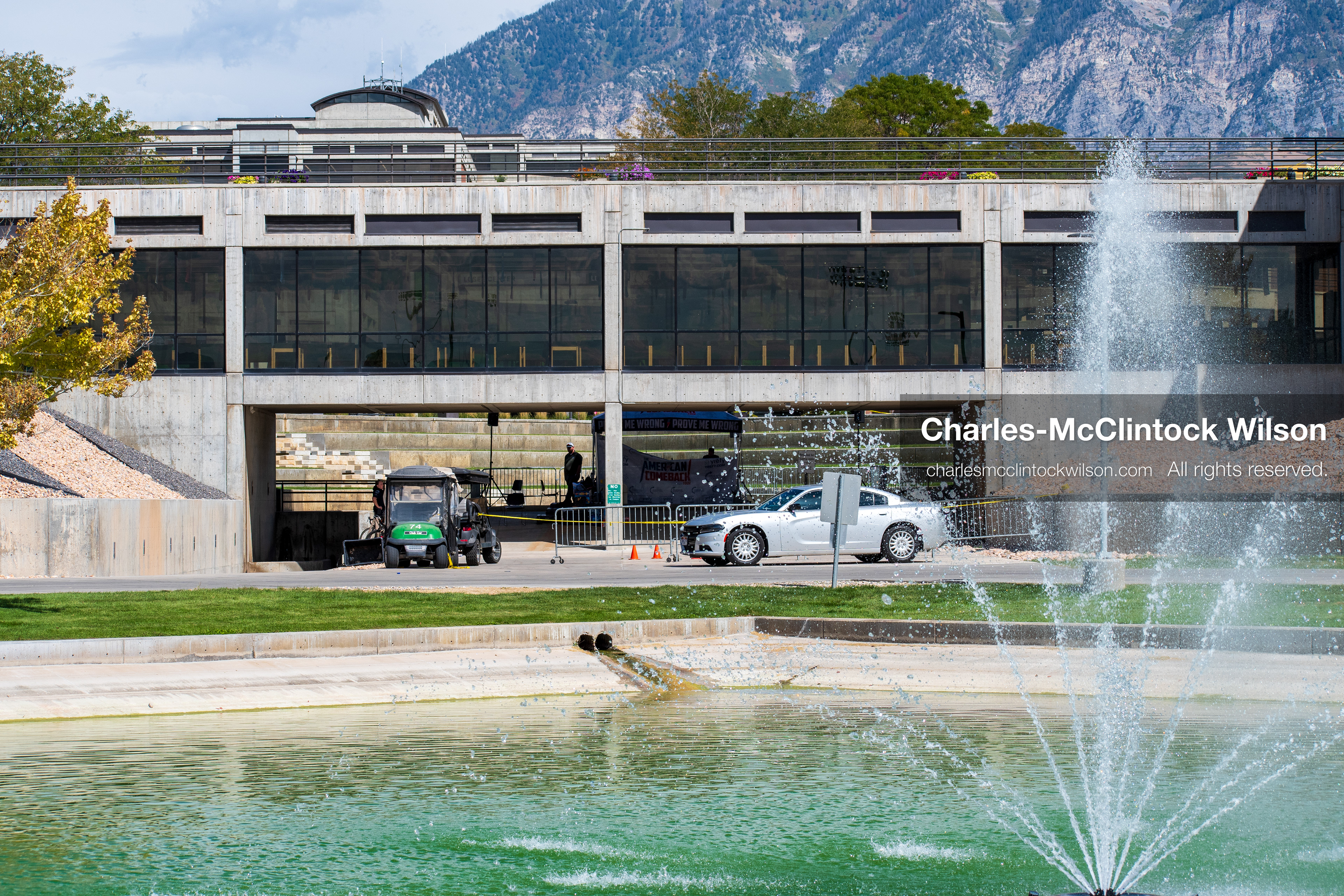 September 12, 2025, Orem, Utah, USA: Investigators and police officers secure the canopy-covered courtyard at Utah Valley University in Orem, Utah, where conservative activist CHARLIE KIRK was fatally shot during a public speaking event on September 10, 2025. KIRK, CEO of Turning Point USA, was seated beneath the canopy when a single bullet struck him in the neck.   (Credit Image: © Charles‑McClintock Wilson/ZUMA Press Wire)