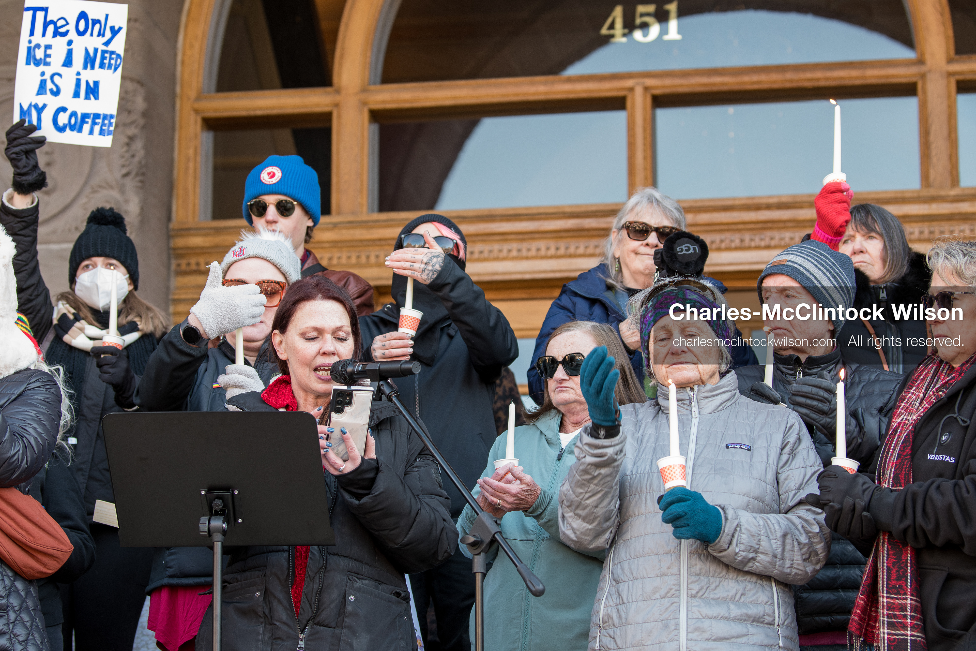 Salt Lake City, Utah, January 10, 2026: Participants hold candles during a vigil for Renee Nicole Good and other victims of ICE enforcement, part of the ICE Out for Good protest at Washington Square Park. (Credit Image: © Charles‑McClintock Wilson/ZUMA Press Wire)