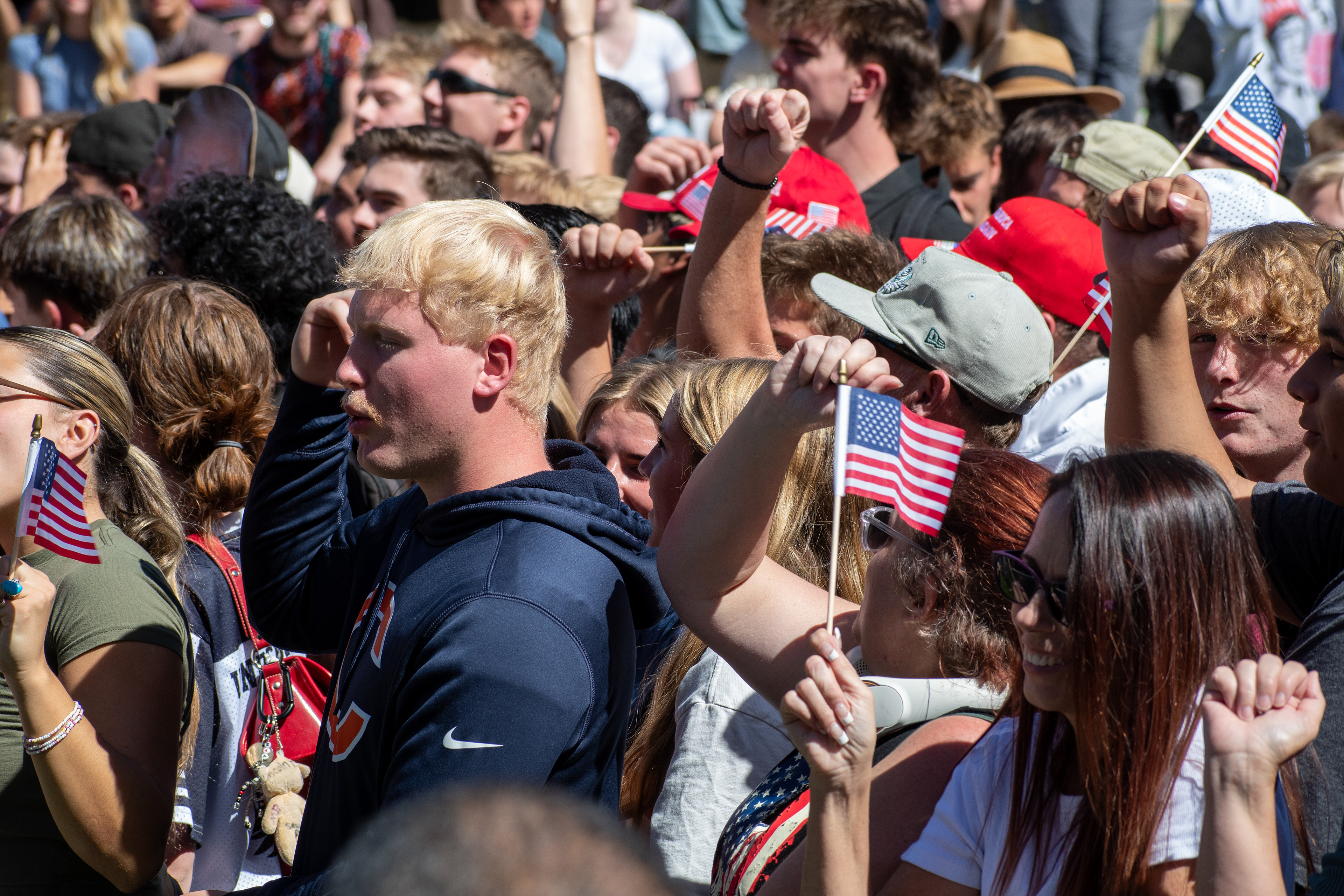 OREM, UTAH – SEPTEMBER 10, 2025: Attendees gather in close formation at Utah Valley University for the opening stop of the American Comeback Tour. The image captures a moment of shared anticipation and civic presence, reflecting the energy, emotion, and communal engagement that defined the event’s intended spirit. © Charles-McClintock Wilson / ZUMA Press