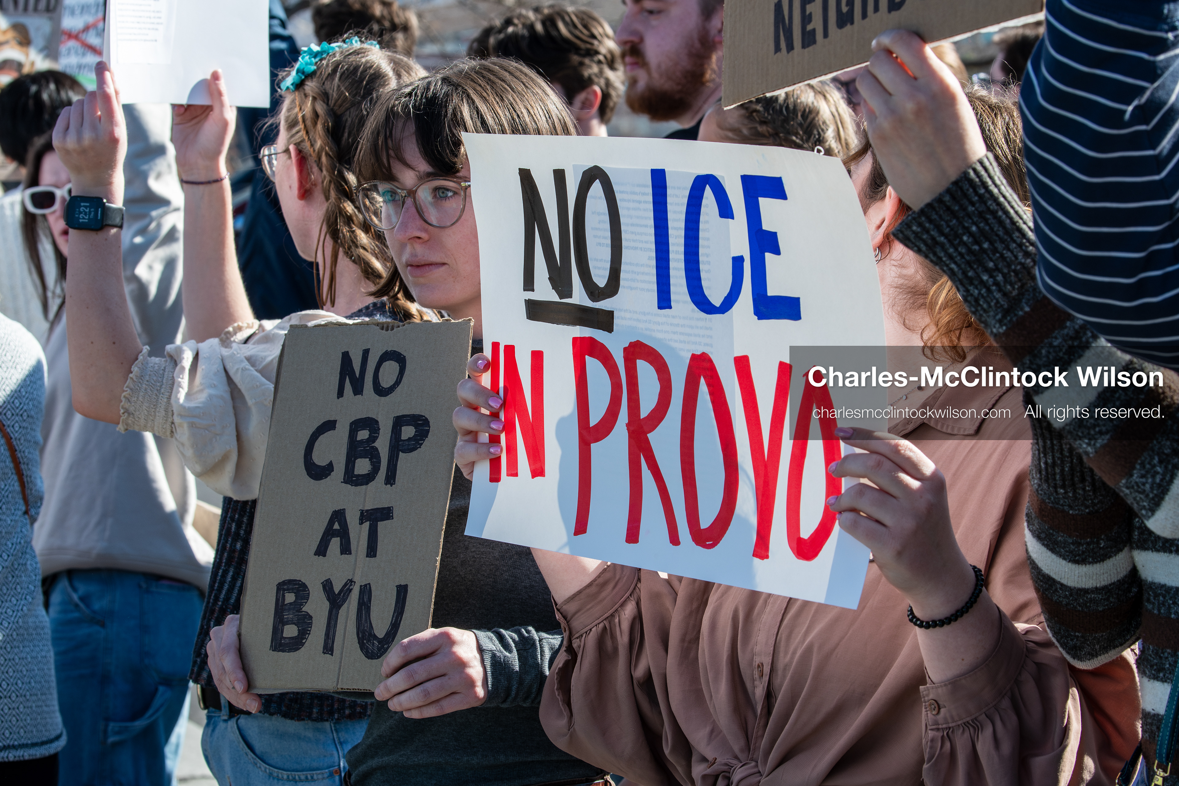 February 5, 2026, Provo, Utah, USA: Students and community members gather near Brigham Young University in Provo to demonstrate against the presence of US Customs and Border Protection recruiters at a career fair held on the BYU campus. (Credit Image: © Charles McClintock Wilson/ZUMA Press Wire)