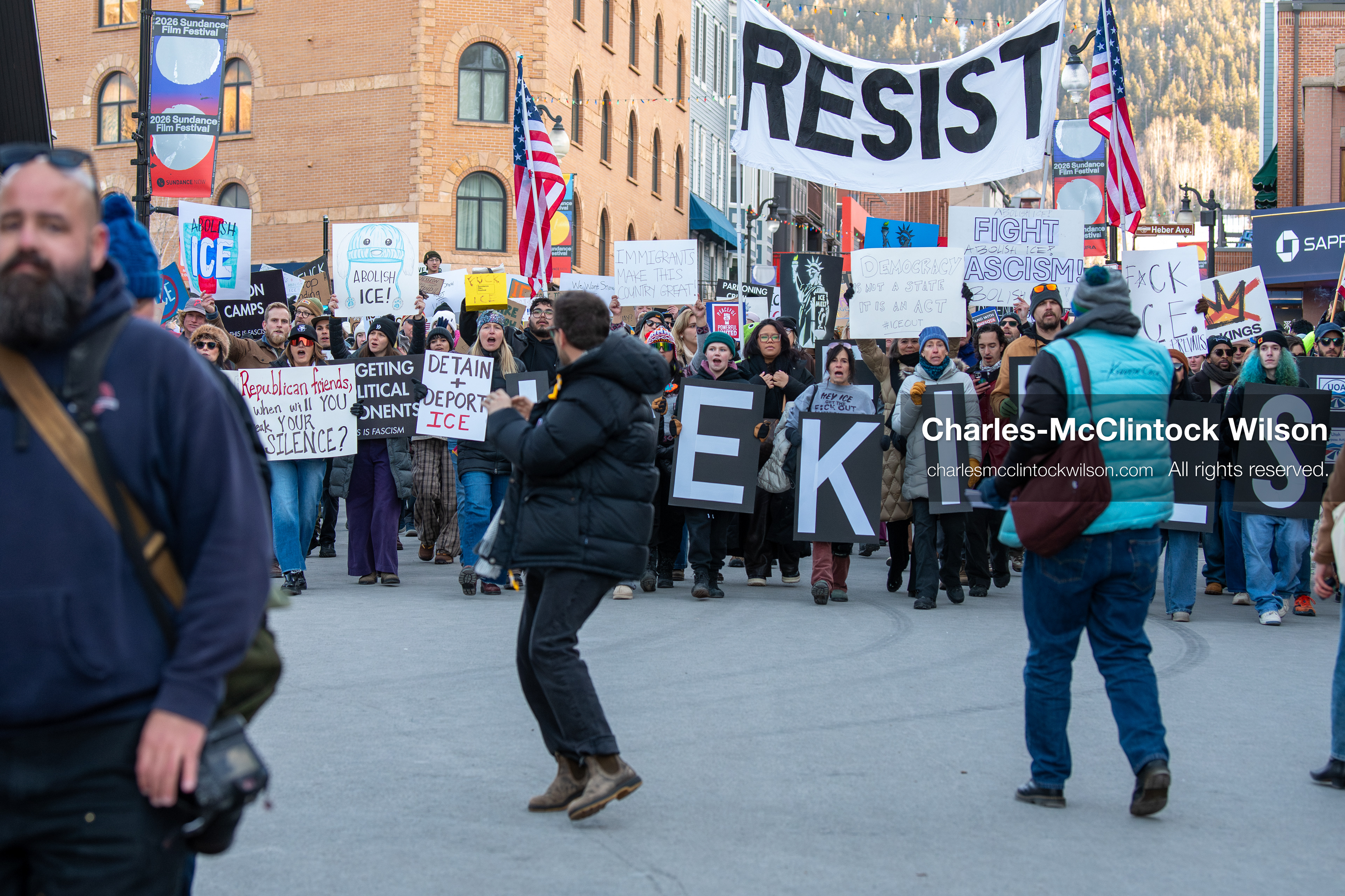 January 26, 2026, Park City, Utah, USA: Demonstrators march through Main Street holding signs during a protest opposing U.S. Immigration and Customs Enforcement (I.C.E.) ICE agents at the Sundance Film Festival in Park City, Utah, on Monday, Jan. 26, 2026. The event was held in response to the fatal shooting of Alex Pretti by a U.S. Border Patrol officer in Minneapolis. (Credit Image: © Charles McClintock Wilson/ZUMA Press Wire)