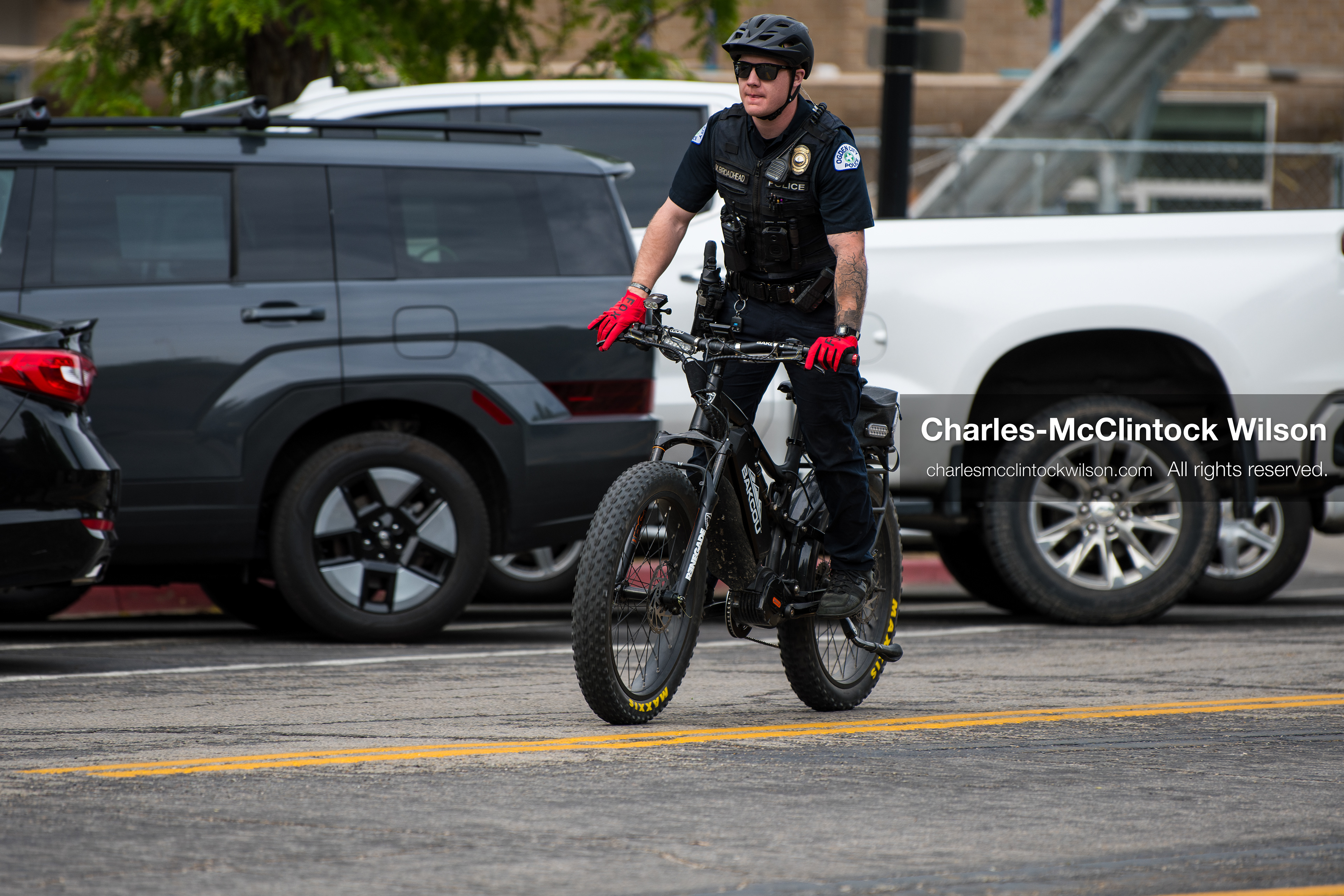 May 16, 2026, Ogden, Utah, USA: An Ogden Police Department officer patrols on an electric bicycle in Ogden, Utah, on Saturday, May 16, 2026, as part of the law enforcement presence for the 25th Annual America First Ogden Marathon. (Credit Image: © Charles-McClintock Wilson/ZUMA Press Wire)