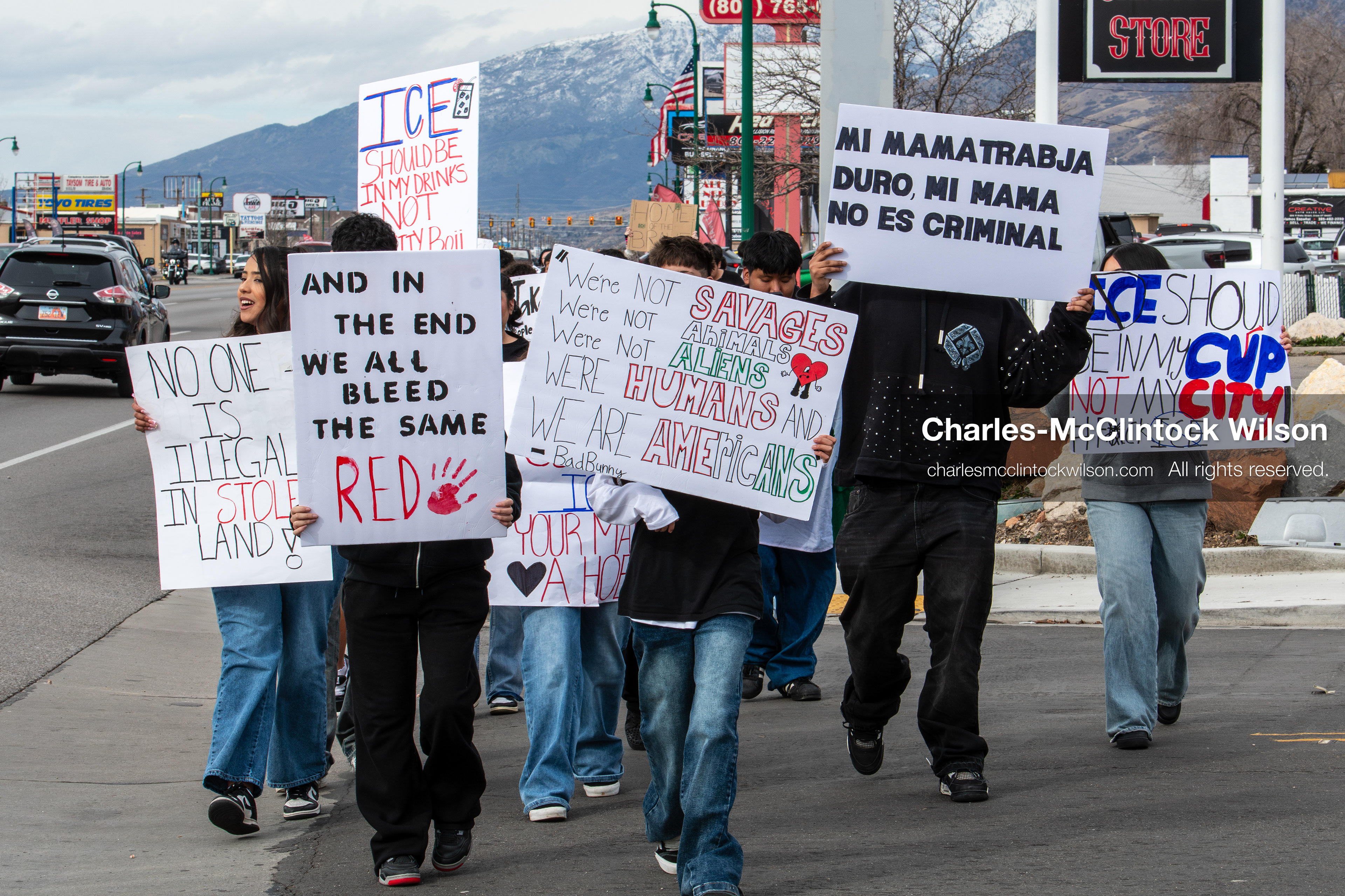 February 11, 2026, Orem, Utah, USA: Students march along State Street during a student‑led protest involving participants from multiple Orem schools. (Credit Image: © Charles‑McClintock Wilson/ZUMA Press Wire)