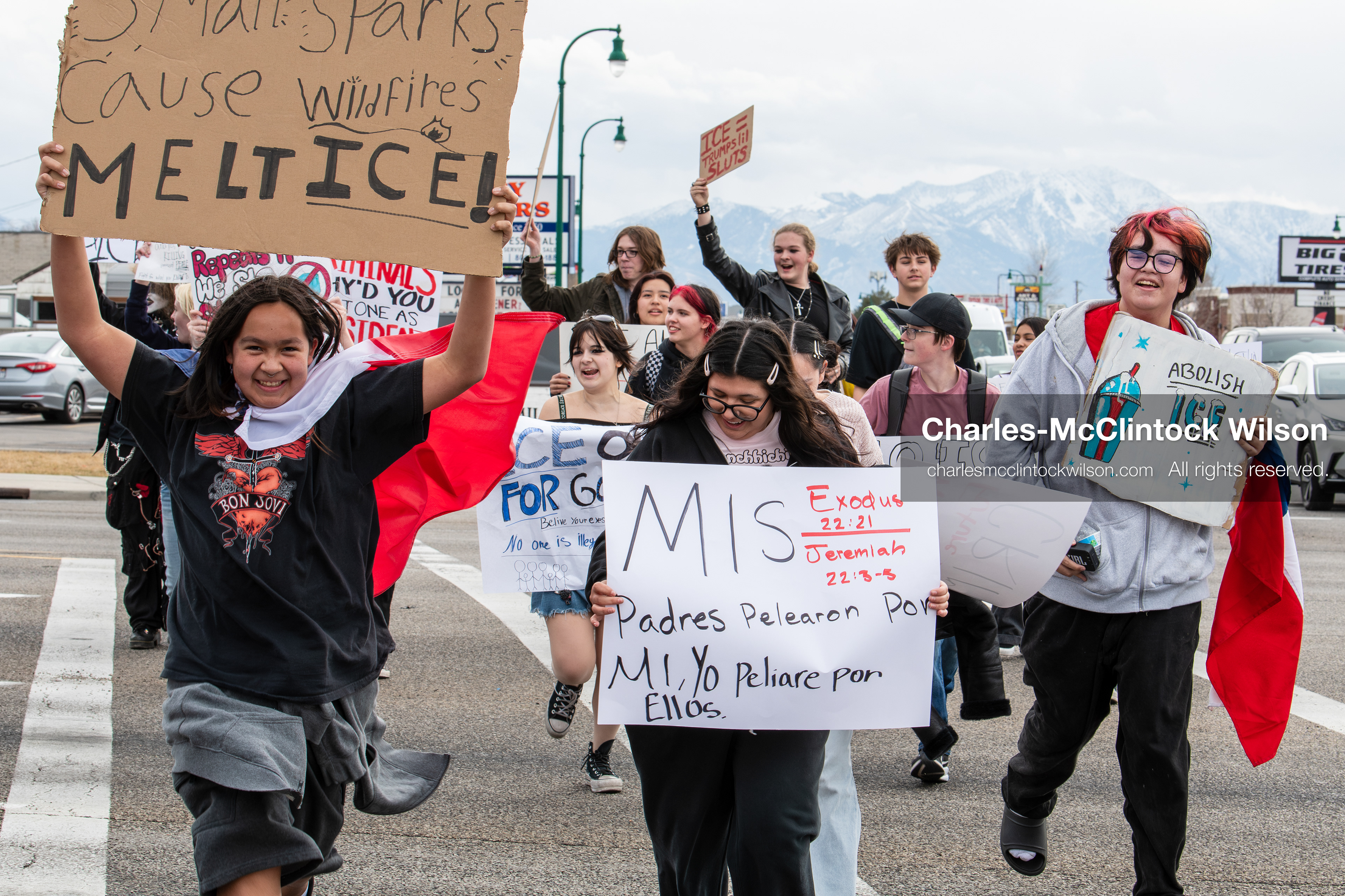 February 11, 2026, Orem, Utah, USA: Students march along State Street during a student‑led protest involving participants from multiple Orem schools. (Credit Image: © Charles‑McClintock Wilson/ZUMA Press Wire)