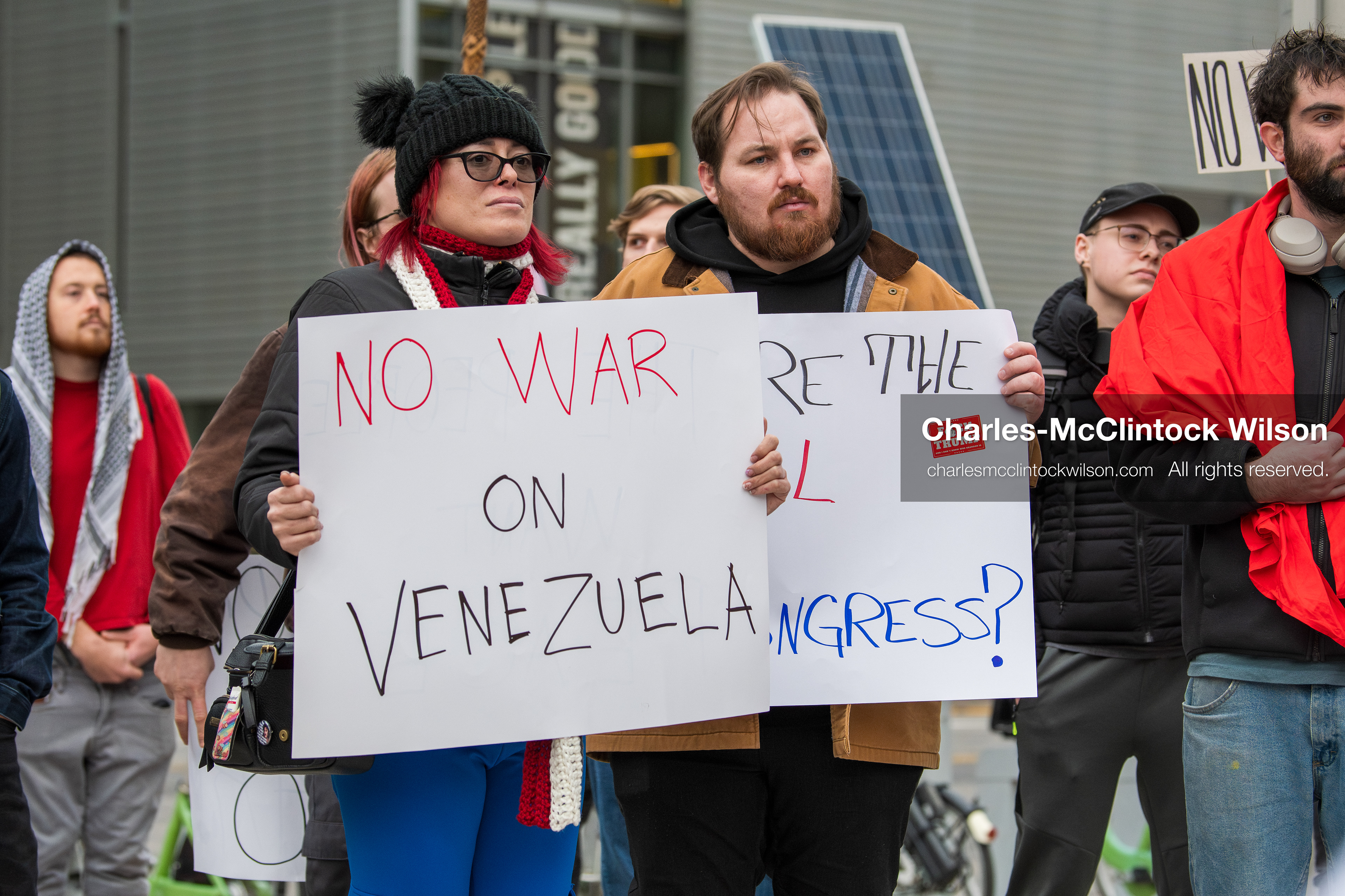 January 3, 2026, Salt Lake City, Utah, USA: Protesters hold signs during an emergency demonstration against US action in Venezuela outside the Wallace Federal Building in Salt Lake City, Utah. The event was part of a nationwide mobilization responding to recent military developments. (Credit Image: (c) Charles‑McClintock Wilson/ZUMA Press Wire)