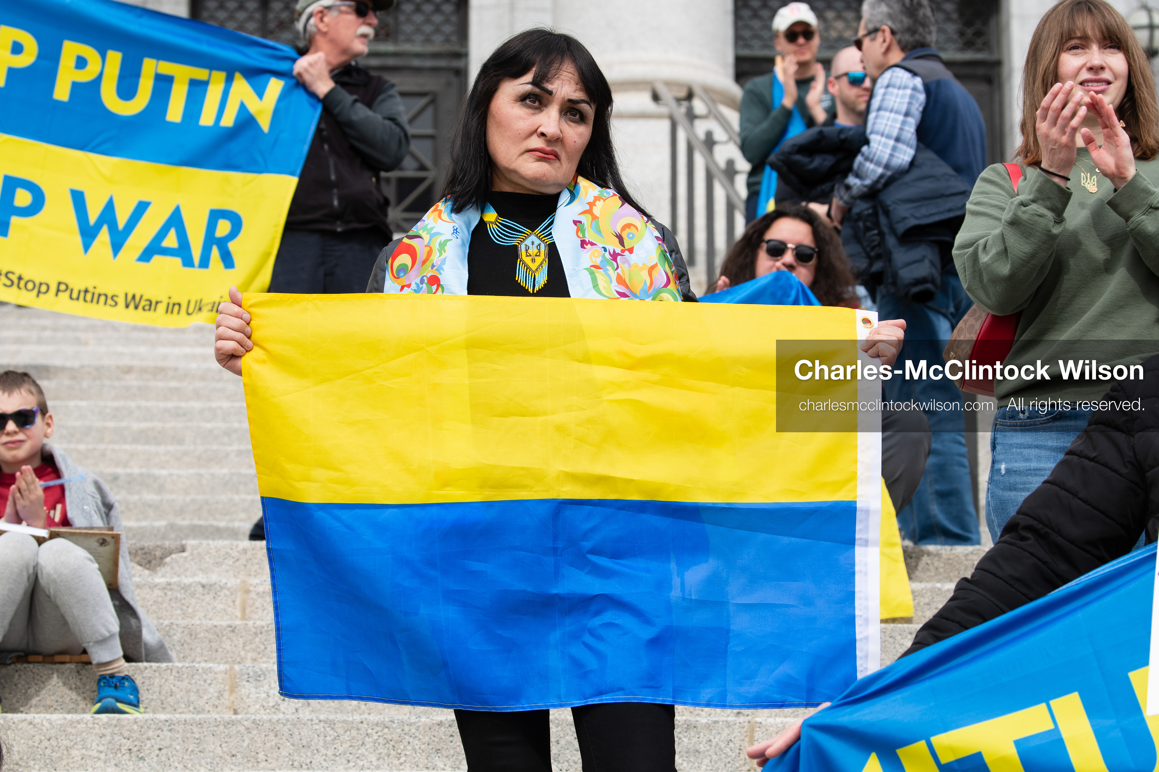 February 28, 2026, Salt Lake City, Utah, USA: Supporters gather on the steps of the Utah State Capitol during the Stand With Ukraine rally marking the four year anniversary of the full scale Russian invasion of Ukraine. Participants hold signs and Ukrainian flags as community members call for continued support for Ukraine and an end to the war. (Credit Image: © Charles McClintock Wilson/ZUMA Press Wire)