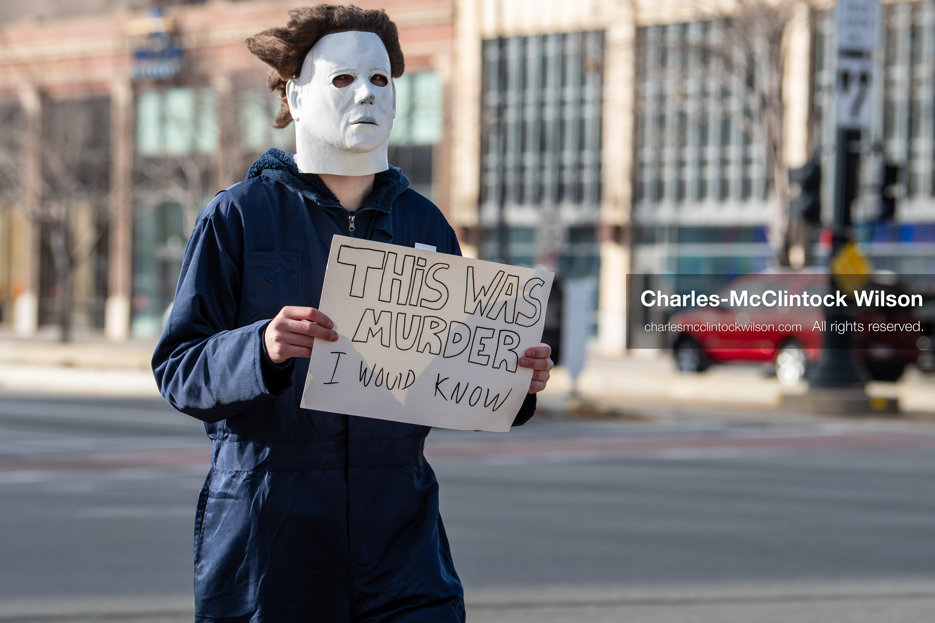 January 30, 2026, Salt Lake City, Utah, USA: A demonstrator dressed as Michael Myers holds a sign during an anti‑ICE protest in Salt Lake City, part of a nationwide response to immigration enforcement policies. (Credit Image: © Charles‑McClintock Wilson/ZUMA Press Wire)