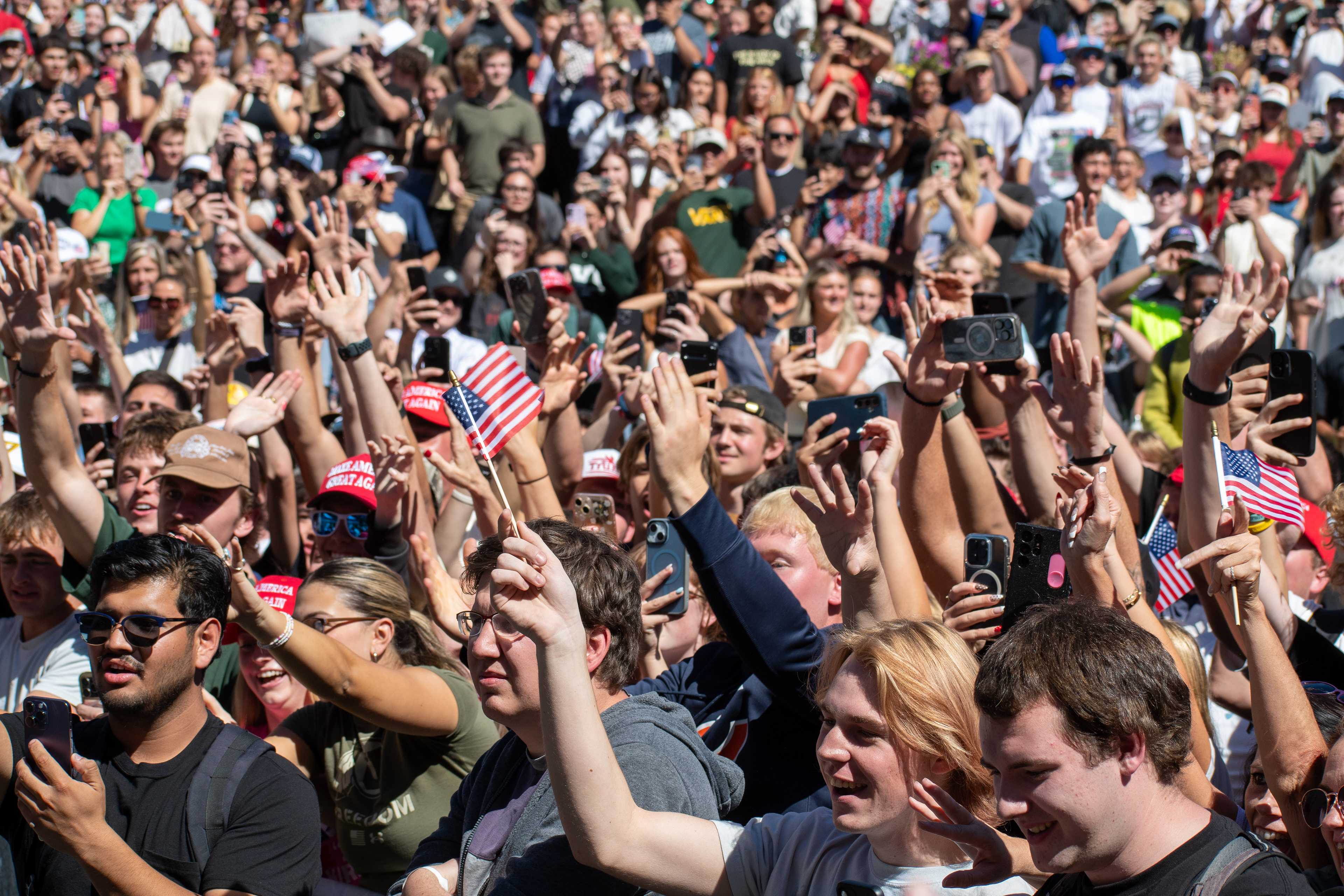 OREM, UTAH – SEPTEMBER 10, 2025: Attendees gather in close formation at Utah Valley University for the opening stop of the American Comeback Tour. The image captures a moment of shared anticipation and civic presence, reflecting the energy, emotion, and communal engagement that defined the event’s intended spirit. © Charles-McClintock Wilson / ZUMA Press