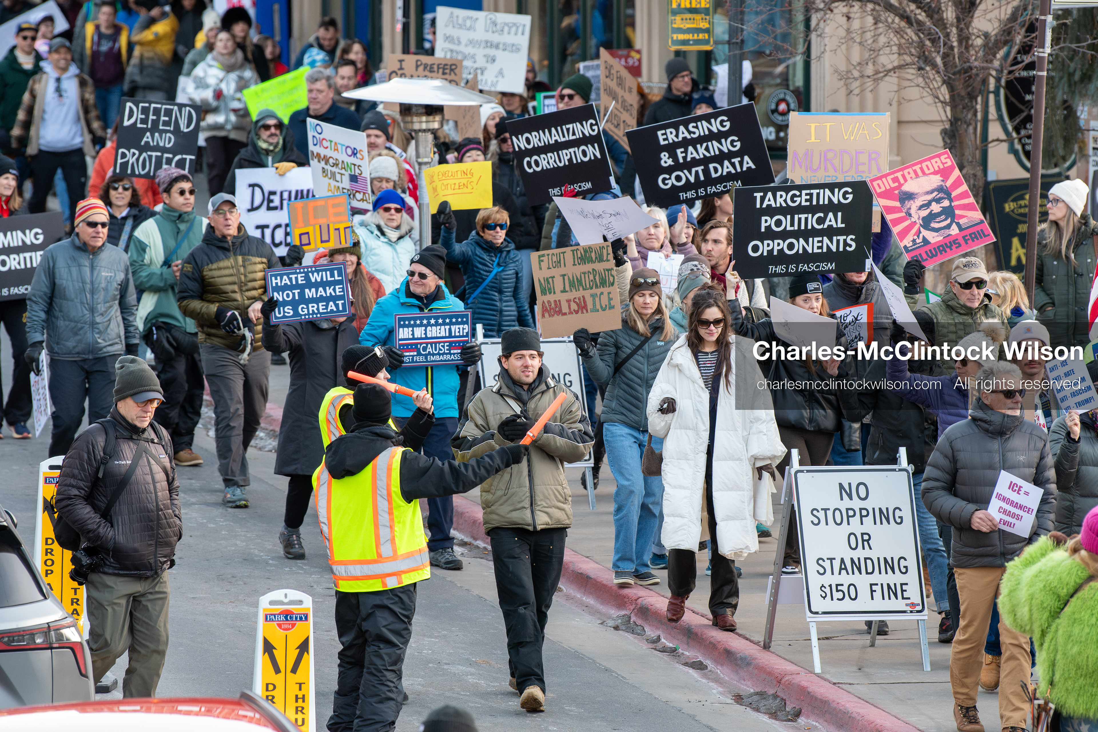 January 26, 2026, Park City, Utah, USA: Demonstrators march through Main Street holding signs during a protest opposing U.S. Immigration and Customs Enforcement (I.C.E.) ICE agents at the Sundance Film Festival in Park City, Utah, on Monday, Jan. 26, 2026. The event was held in response to the fatal shooting of Alex Pretti by a U.S. Border Patrol officer in Minneapolis. (Credit Image: © Charles McClintock Wilson/ZUMA Press Wire)