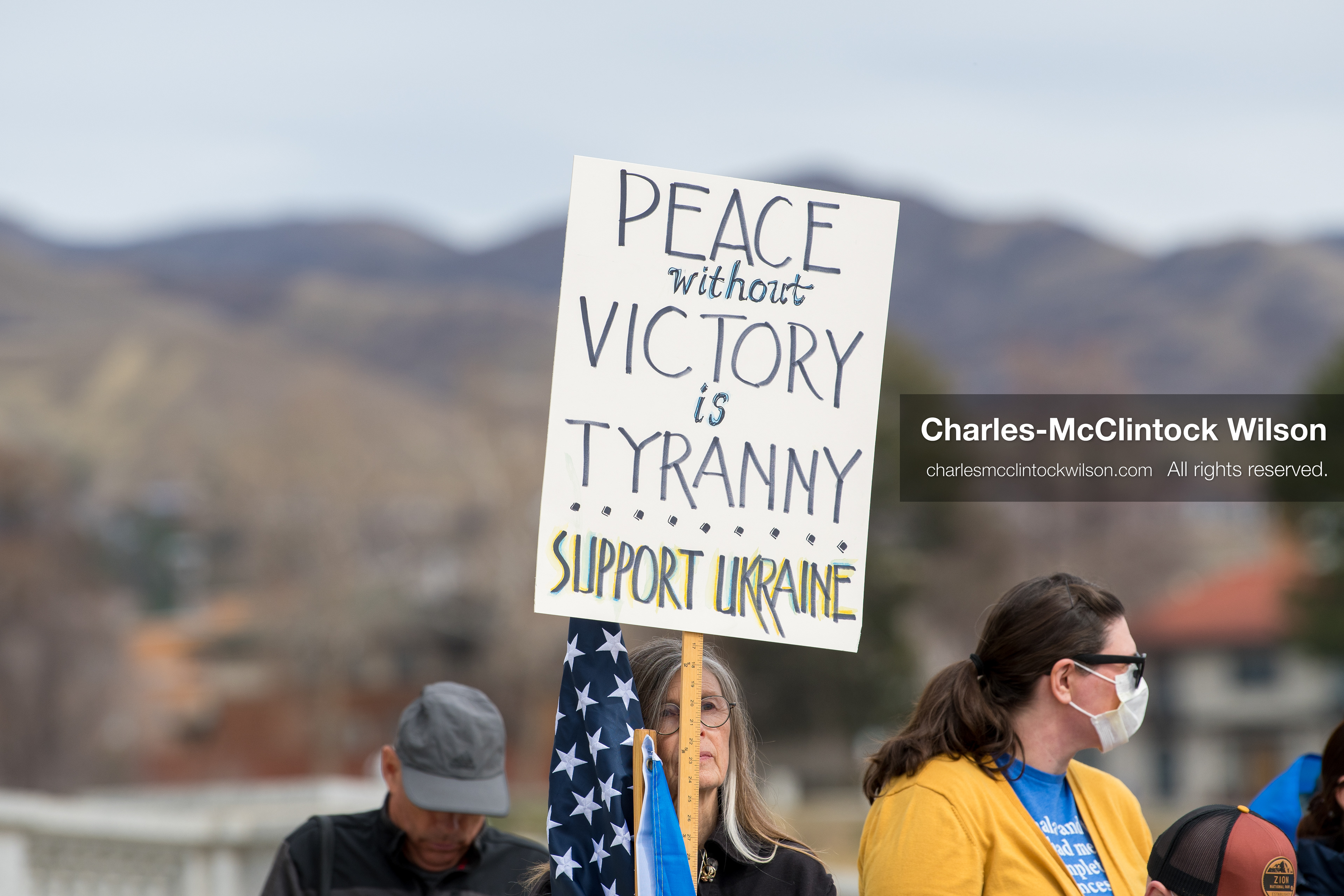February 28, 2026, Salt Lake City, Utah, USA: A demonstrator holds a sign reading Peace Without Victory Is Tyranny Support Ukraine during the Stand With Ukraine rally near the Utah State Capitol. The gathering marked the four year anniversary of the full scale Russian invasion of Ukraine and brought community members together in support of Ukrainians and local humanitarian efforts. (Credit Image: © Charles McClintock Wilson/ZUMA Press Wire)