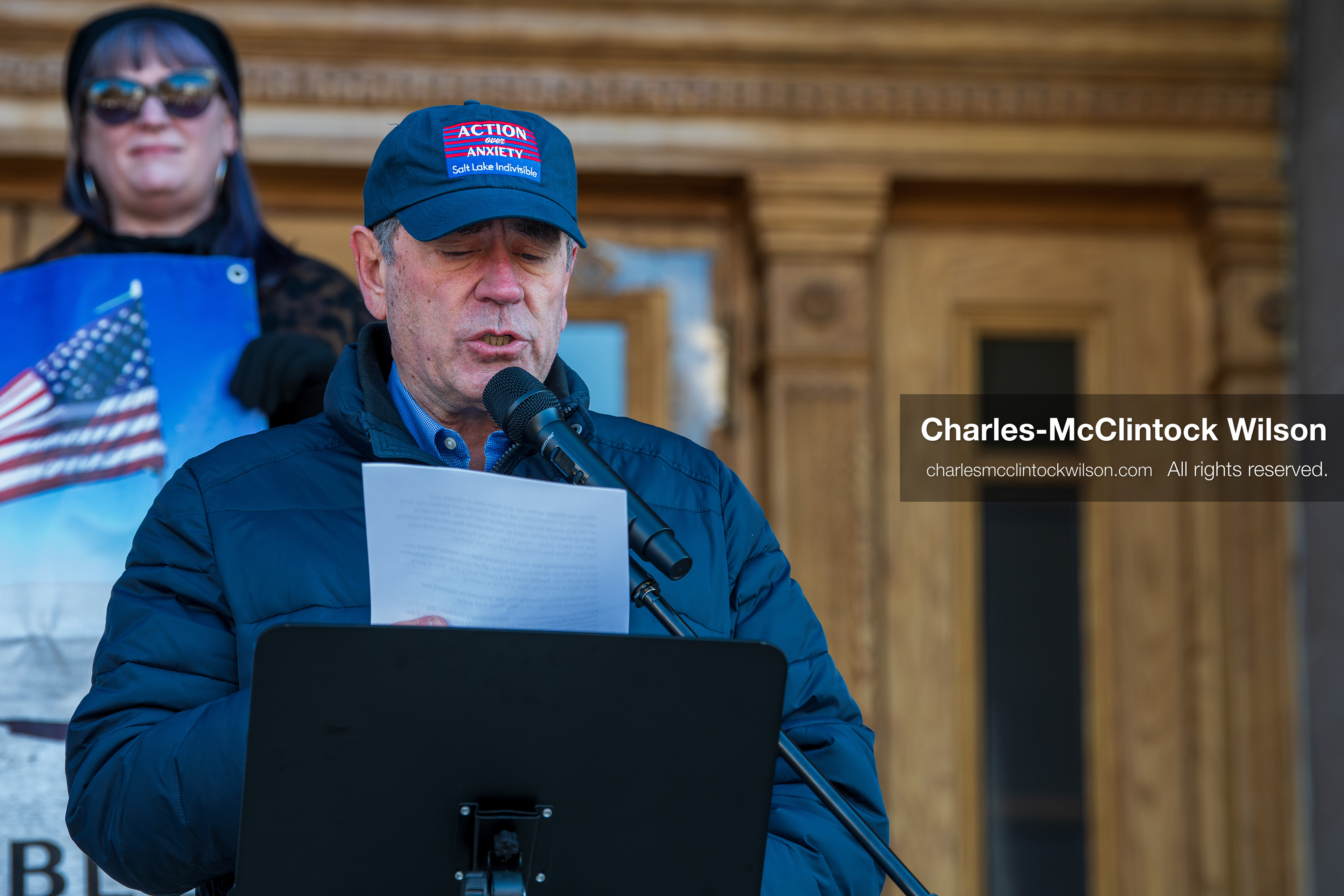 Salt Lake City, Utah, January 10, 2026: A speaker reads a statement written by Rebeca Good, wife of Renee Nicole Good, during the ICE Out for Good protest at Washington Square Park. The demonstration called for justice following Renee Nicole Good’s death during an encounter with immigration authorities. (Credit Image: © Charles‑McClintock Wilson/ZUMA Press Wire)