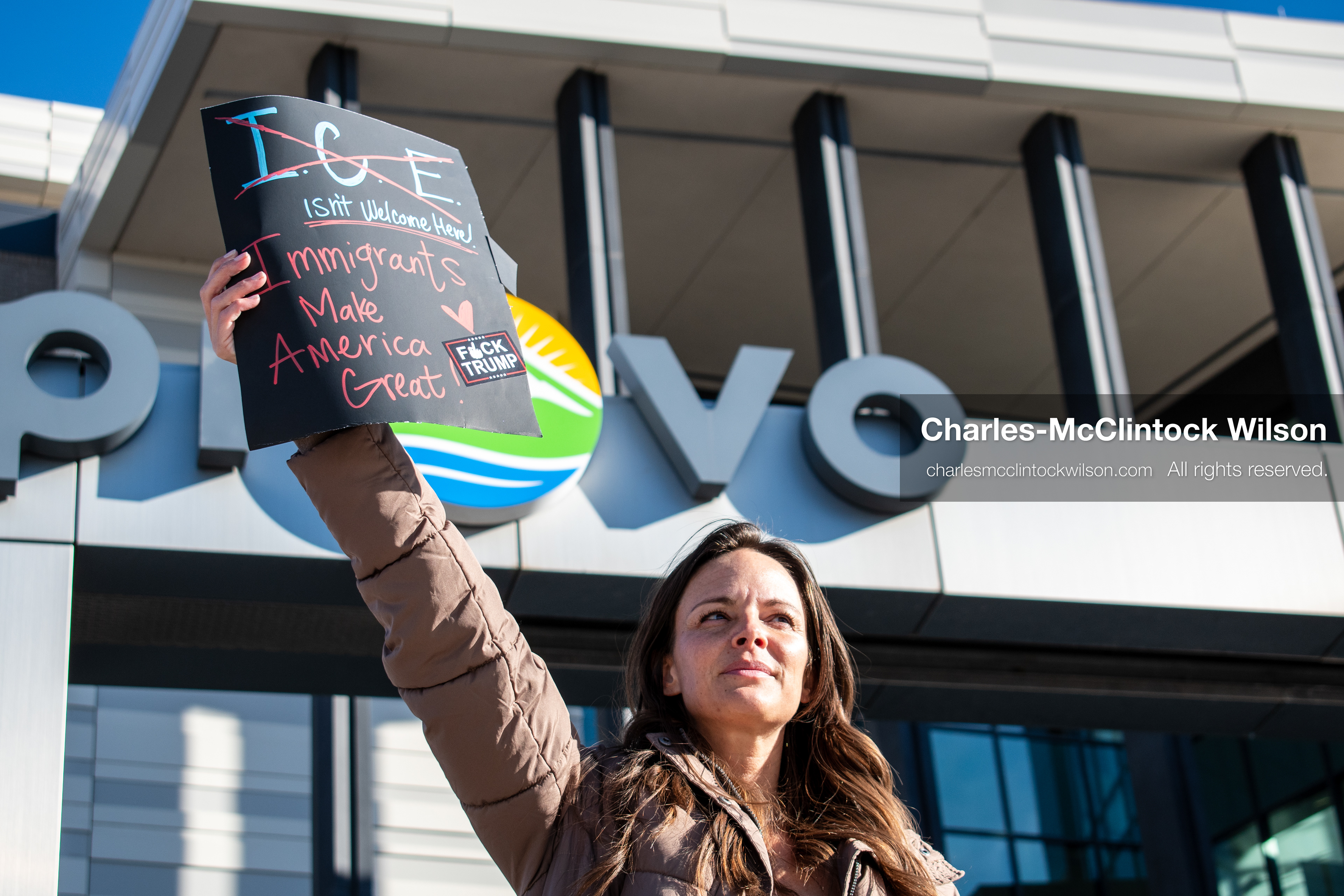  January 20, 2026, Provo, Utah, USA: A demonstrator stands outside Provo City Hall during the Free America Walkout protest in Provo Utah on January 20 2026. The nationwide event called for immigration reform and changes to detention practices.