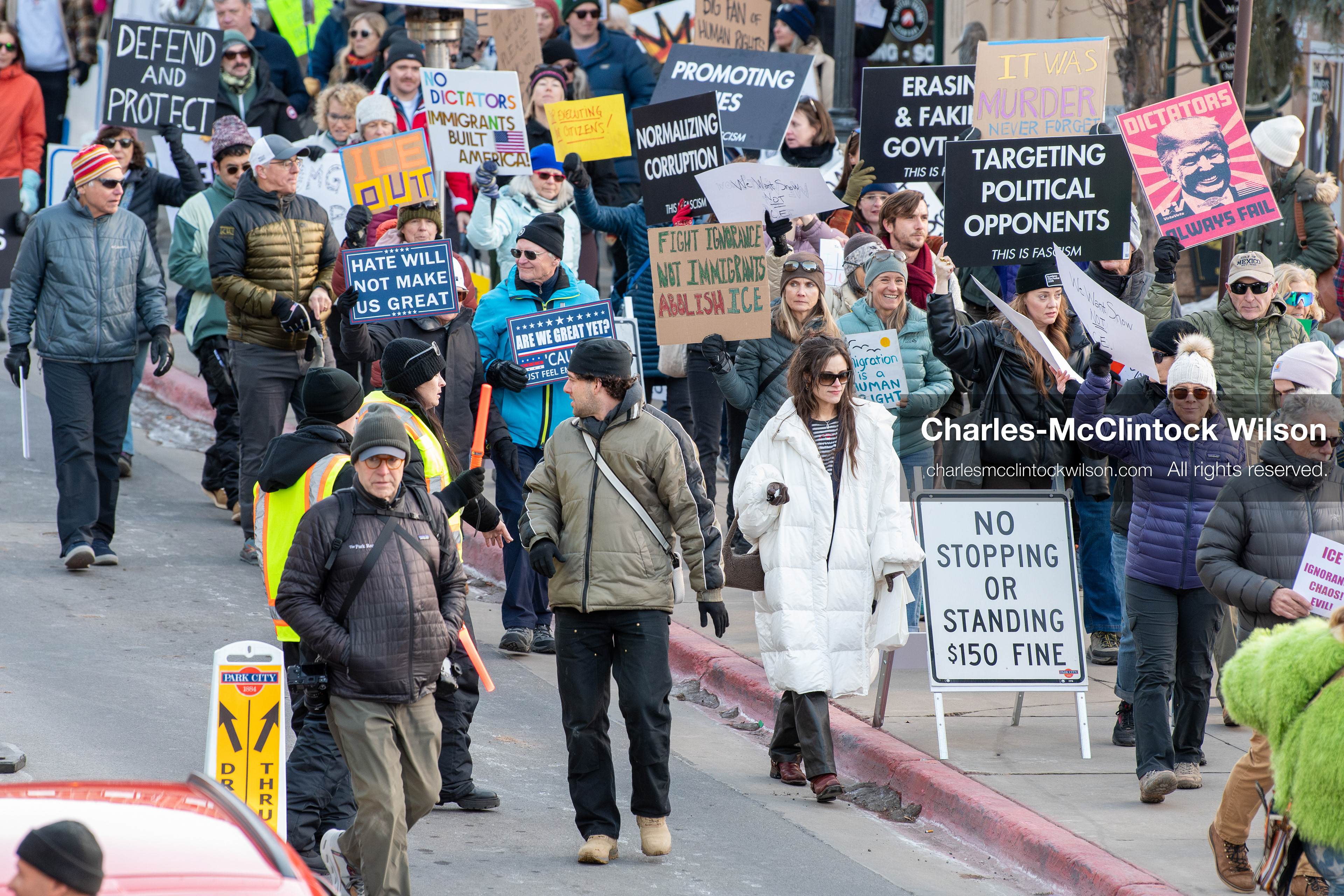 January 26, 2026, Park City, Utah, USA: Demonstrators march through Main Street holding signs during a protest opposing U.S. Immigration and Customs Enforcement (I.C.E.) ICE agents at the Sundance Film Festival in Park City, Utah, on Monday, Jan. 26, 2026. The event was held in response to the fatal shooting of Alex Pretti by a U.S. Border Patrol officer in Minneapolis. (Credit Image: © Charles McClintock Wilson/ZUMA Press Wire)