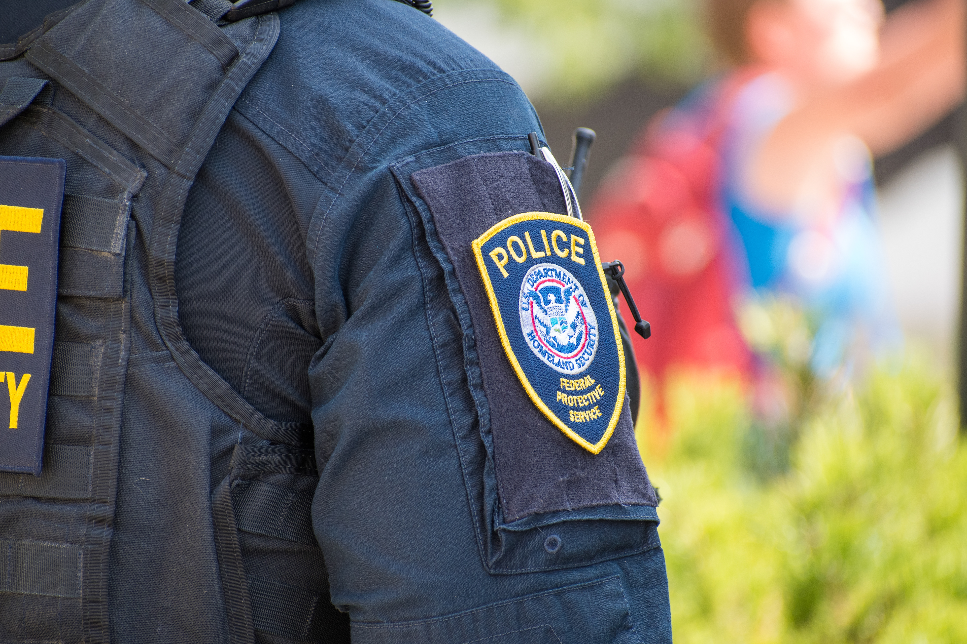 September 15, 2025 – Provo, Utah, United States: A patch reading “POLICE – DEPARTMENT OF HOMELAND SECURITY – FEDERAL PROTECTIVE SERVICE” is seen on the uniform of a Homeland Security police officer during a Department of Homeland Security career expo at the Utah Valley Convention Center. Photograph by Charles‑McClintock Wilson / ZUMA Press Wire