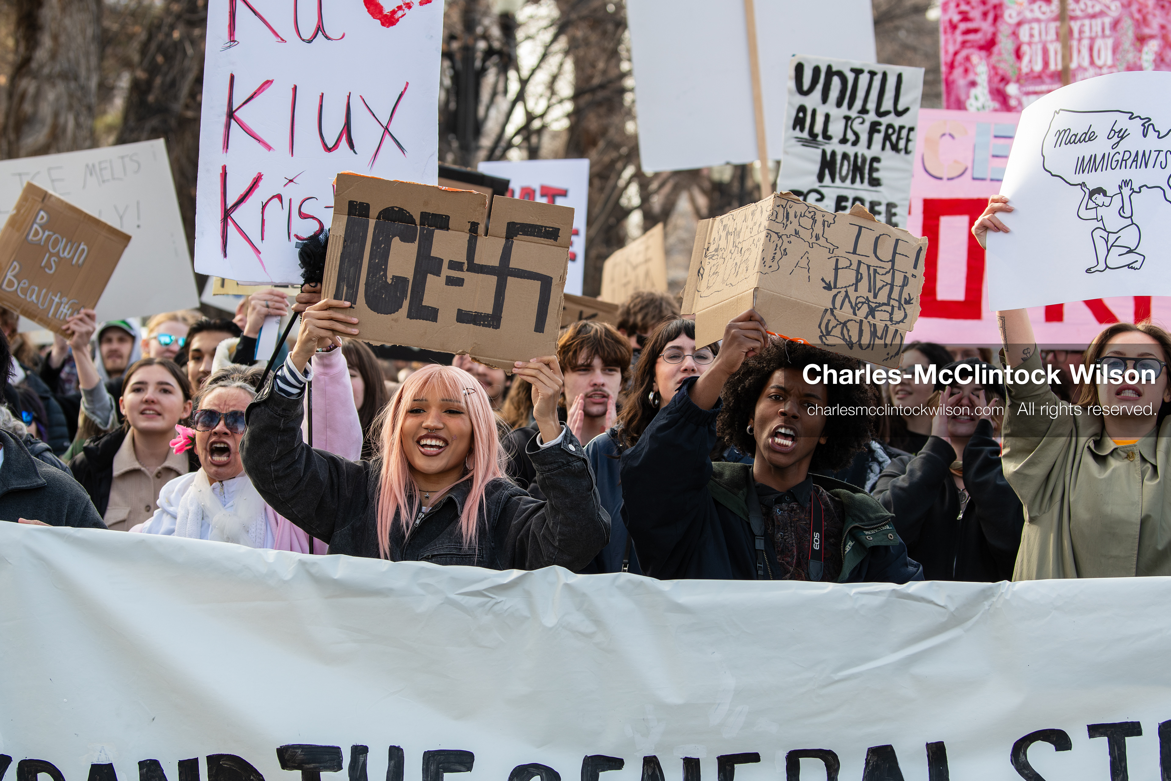 January 30, 2026, Salt Lake City, Utah, USA: Demonstrators march through downtown Salt Lake City during an anti‑ICE protest, part of a nationwide response to immigration enforcement policies. (Credit Image: © Charles‑McClintock Wilson/ZUMA Press Wire)