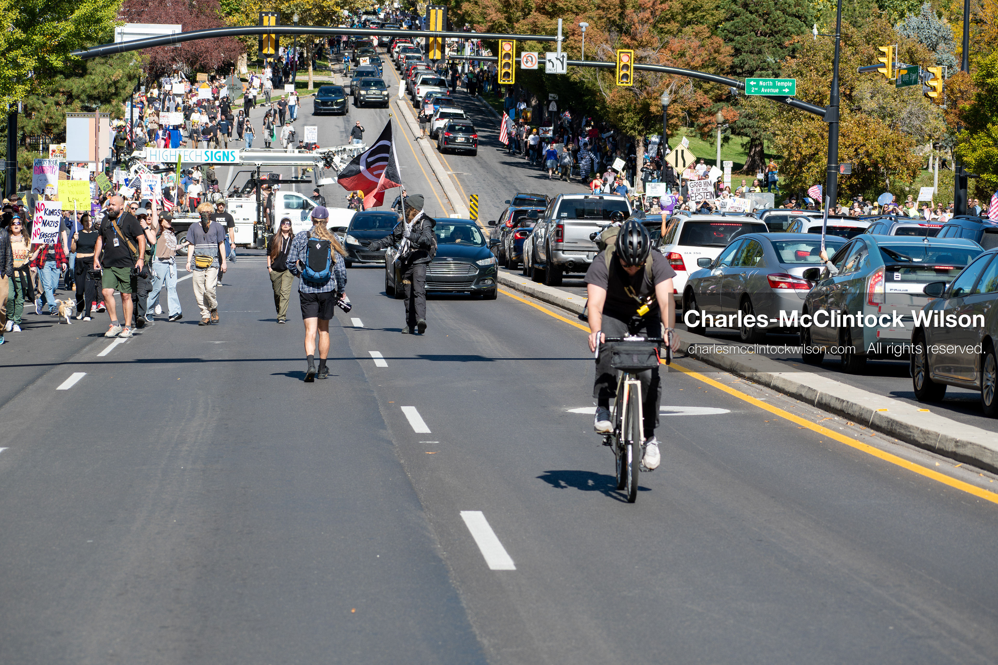October 18, 2025, Salt Lake City, Utah, USA: Demonstrators march along South State Street during a "No Kings" protest in Salt Lake City, Utah. The protest was part of a nationwide mobilization.