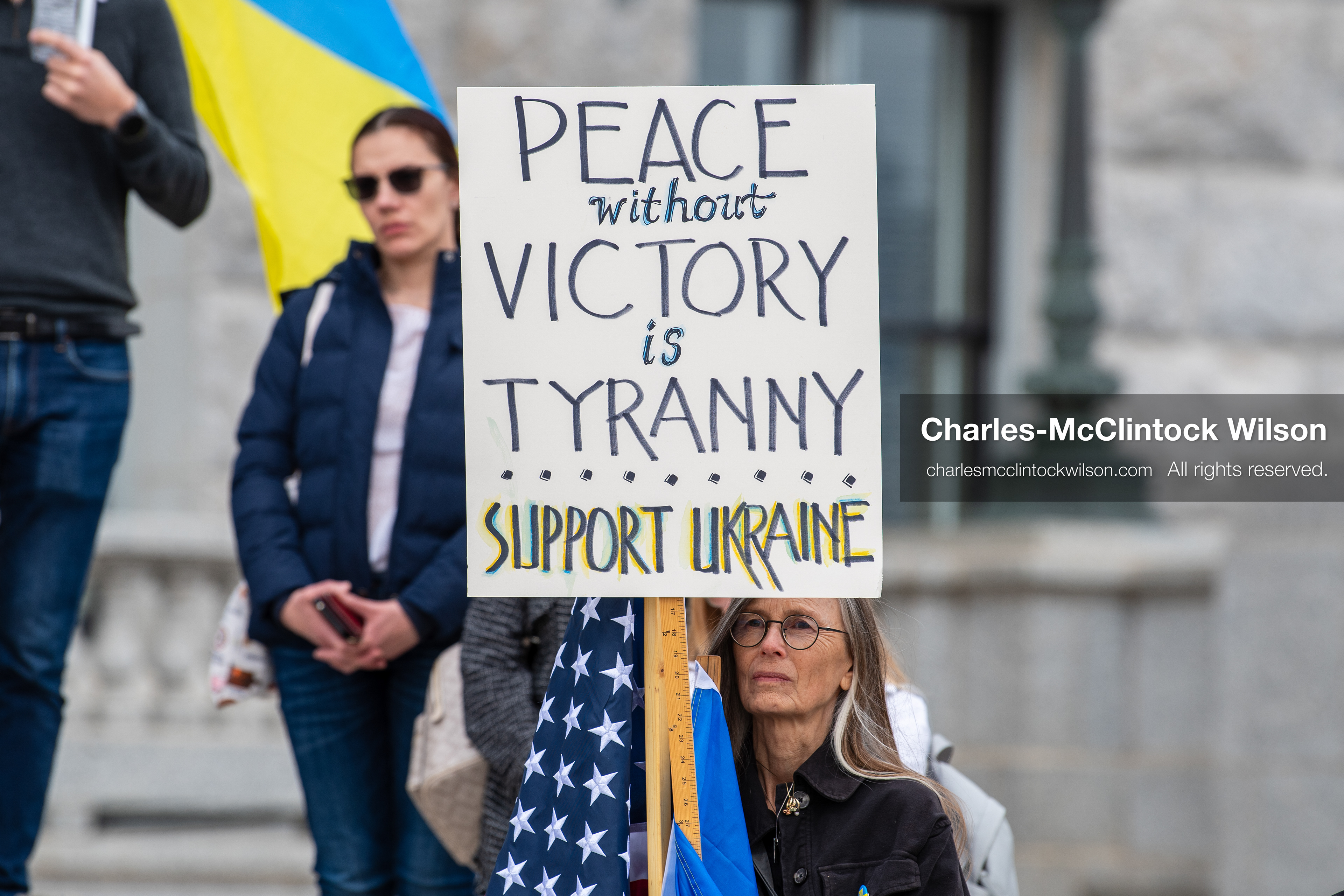 February 28, 2026, Salt Lake City, Utah, USA: A demonstrator holds a sign reading Peace Without Victory Is Tyranny Support Ukraine during the Stand With Ukraine rally near the Utah State Capitol. The gathering marked the four year anniversary of the full scale Russian invasion of Ukraine and brought community members together in support of Ukrainians and local humanitarian efforts. (Credit Image: © Charles McClintock Wilson/ZUMA Press Wire)