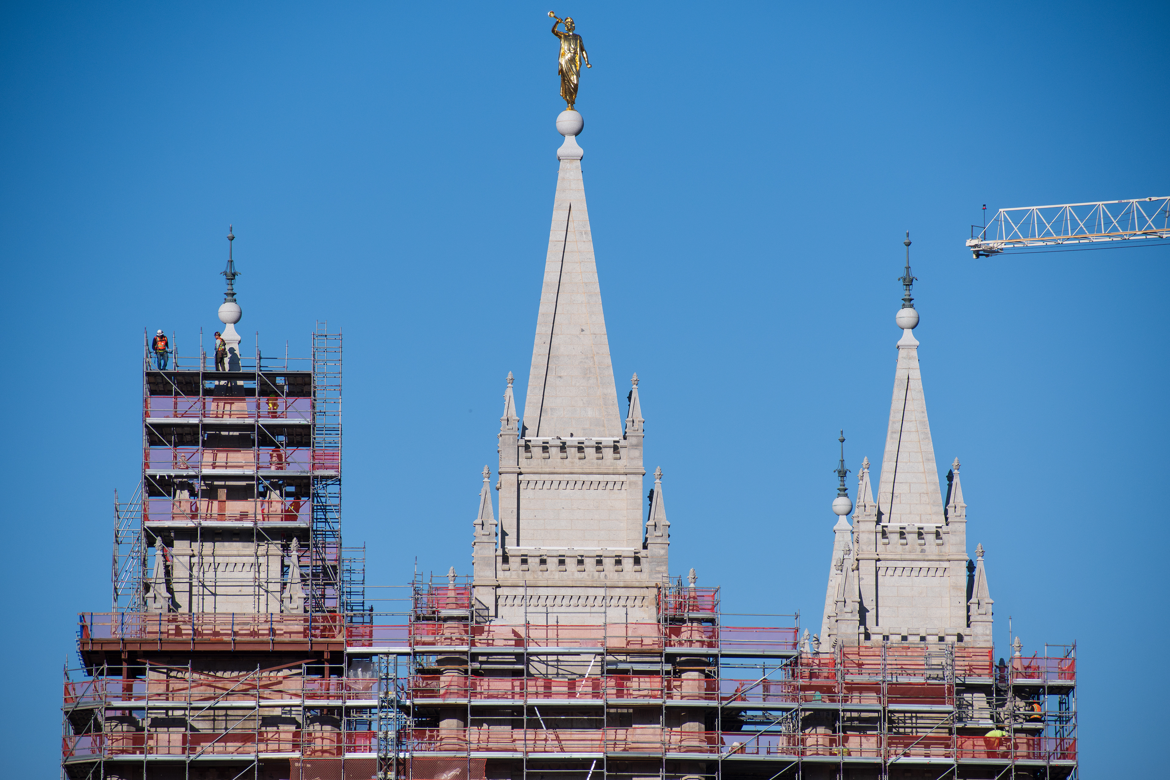 October 6, 2025, Salt Lake City, Utah, USA: The Salt Lake Temple is seen under renovation near the Conference Center during the public viewing for Russell M. Nelson, the 17th president of the Church of Jesus Christ of Latter-day Saints. Scaffolding surrounds the spires as restoration work continues. Nelson died at his home in Salt Lake City, Utah, on September 27, 2025, at the age of 101. (Credit Image: © Charles-McClintock Wilson/ZUMA Press Wire)